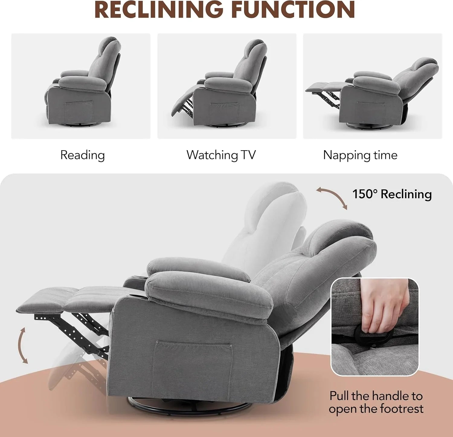 Grand fauteuil inclinable pivotant à bascule avec fonction chauffage et massage, canapé simple pivotant à 360 degrés