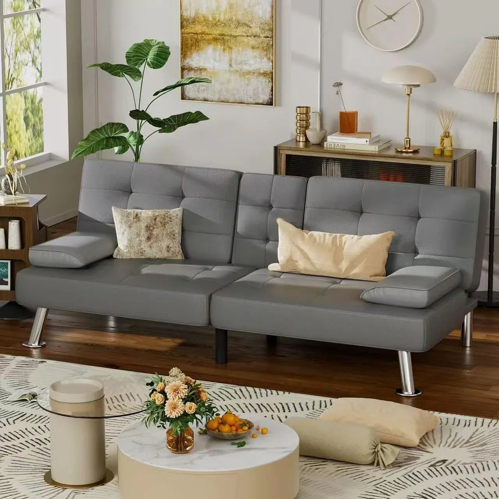 Canapé-lit futon Homall, canapé-lit futon en cuir avec accoudoirs amovibles, canapé-lit inclinable réglable avec deux porte-gobelets pour salon et appartement