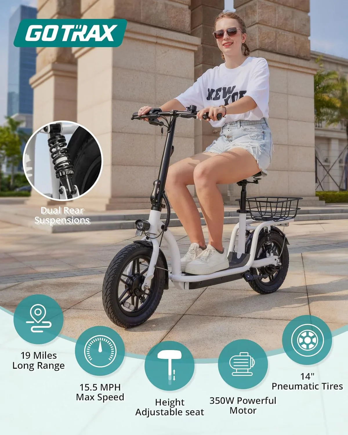 Trottinette électrique adulte Gotrax avec siège, autonomie maximale de 19 à 25 miles, pneus tout-terrain, pédales larges, siège rembourré et nacelle