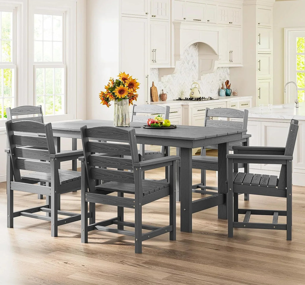 Ensemble de salle à manger d'extérieur en PEHD, 7 pièces, avec table découpée pour parasol et 6 chaises