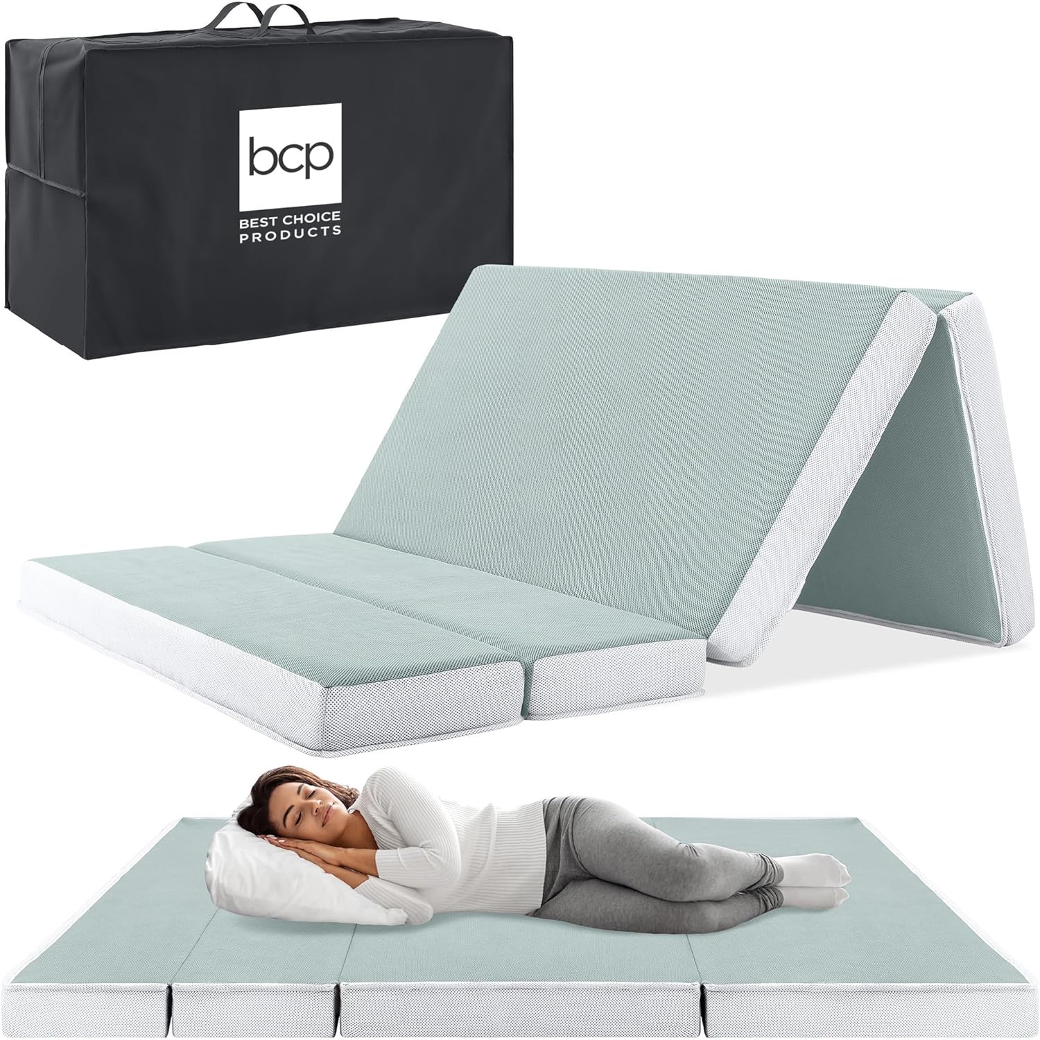 Matelas Queen Size portable de 4 pouces, matelas pliable en trois parties pour camping, invités et tout-petits