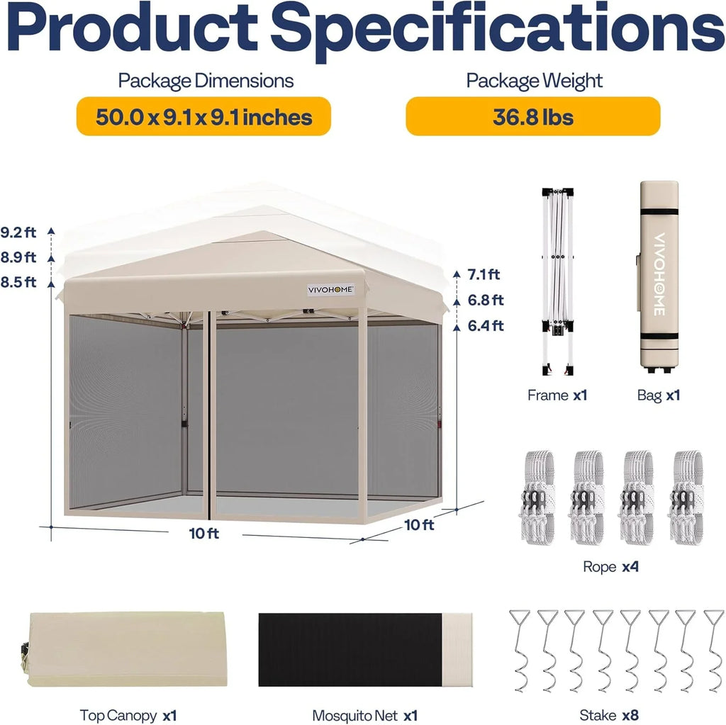 Auvent escamotable facile à monter de 10 x 10 pieds, tente moustiquaire d'extérieur avec moustiquaire, 2 portes à glissière et sac à roulettes