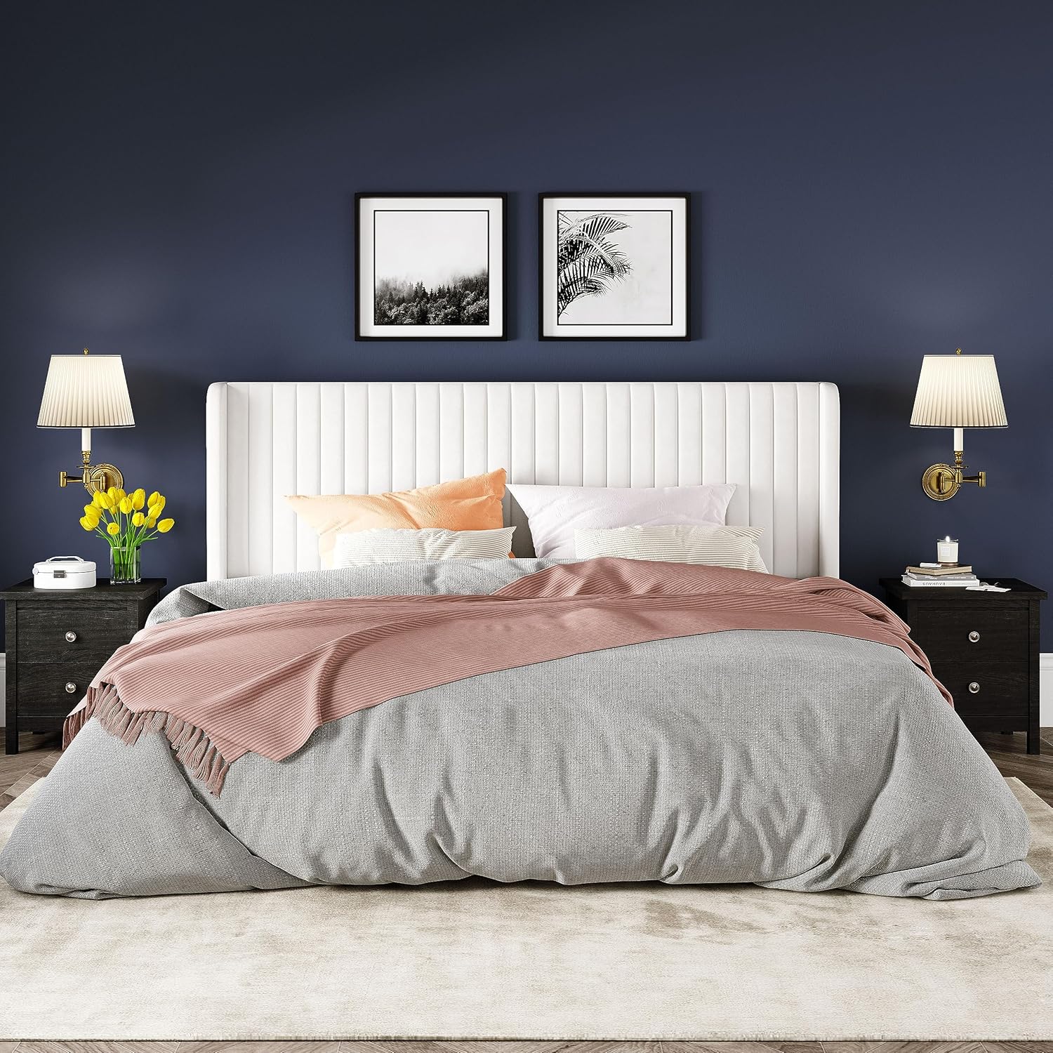 Cadre de lit Allewie en velours pleine grandeur/tête de lit capitonnée à oreilles verticales/lit plateforme rembourré/lattes en bois robustes