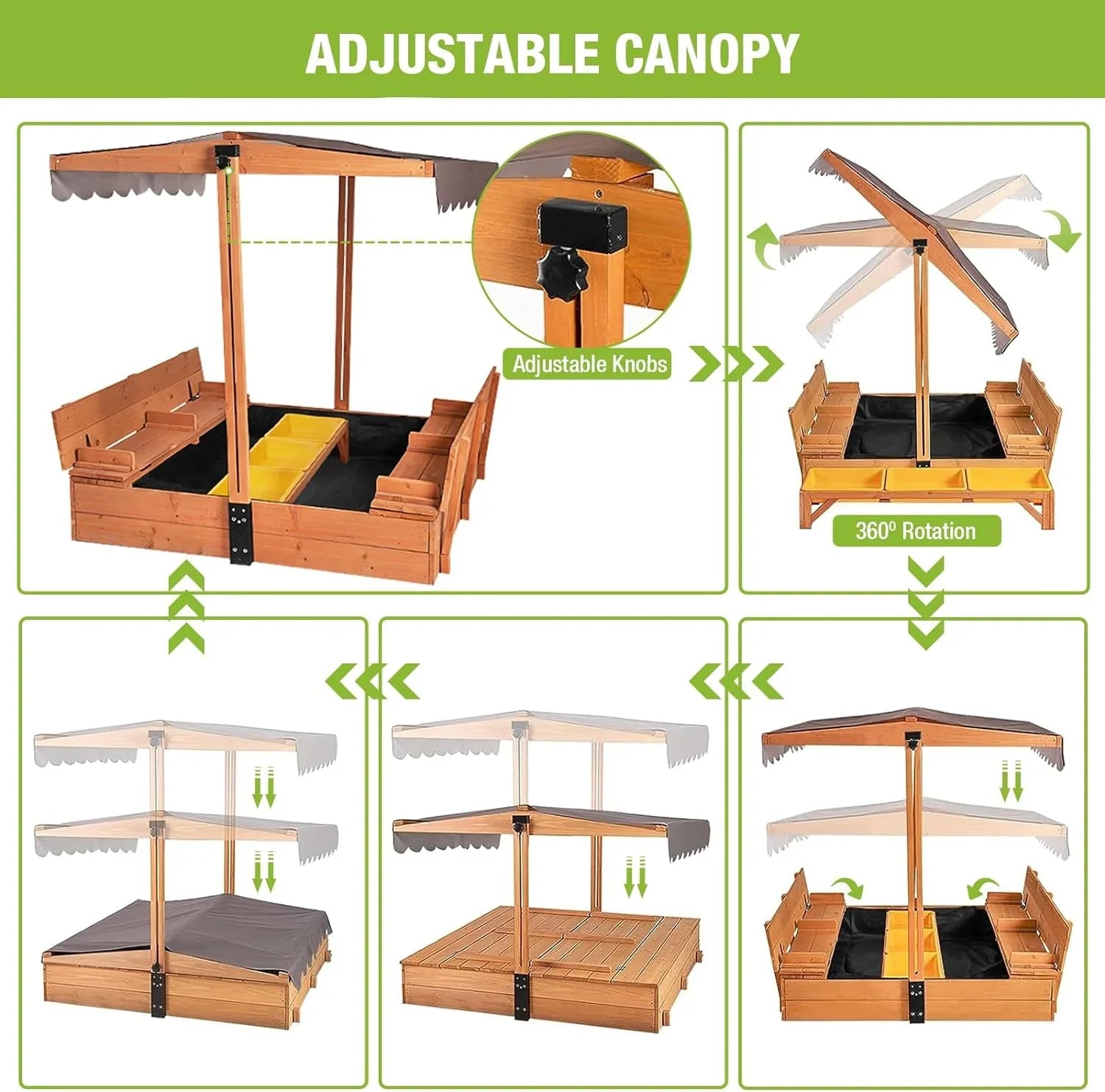 Bac à sable extérieur en bois pour enfants avec auvent, 2 bancs pliants, toit rétractable et pare-sable