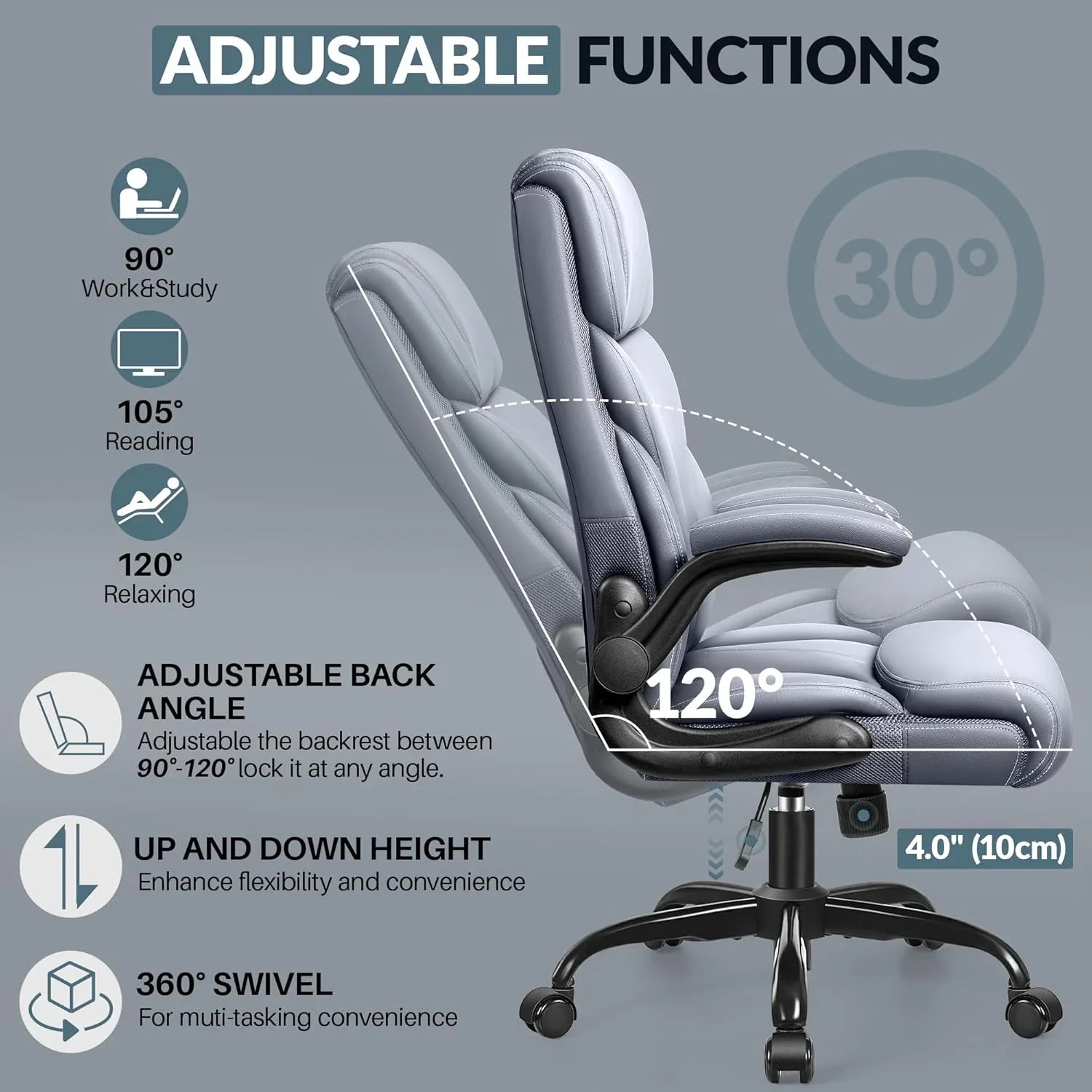 Chaise de bureau pivotante à pieds hauts, en cuir respirant, avec support lombaire