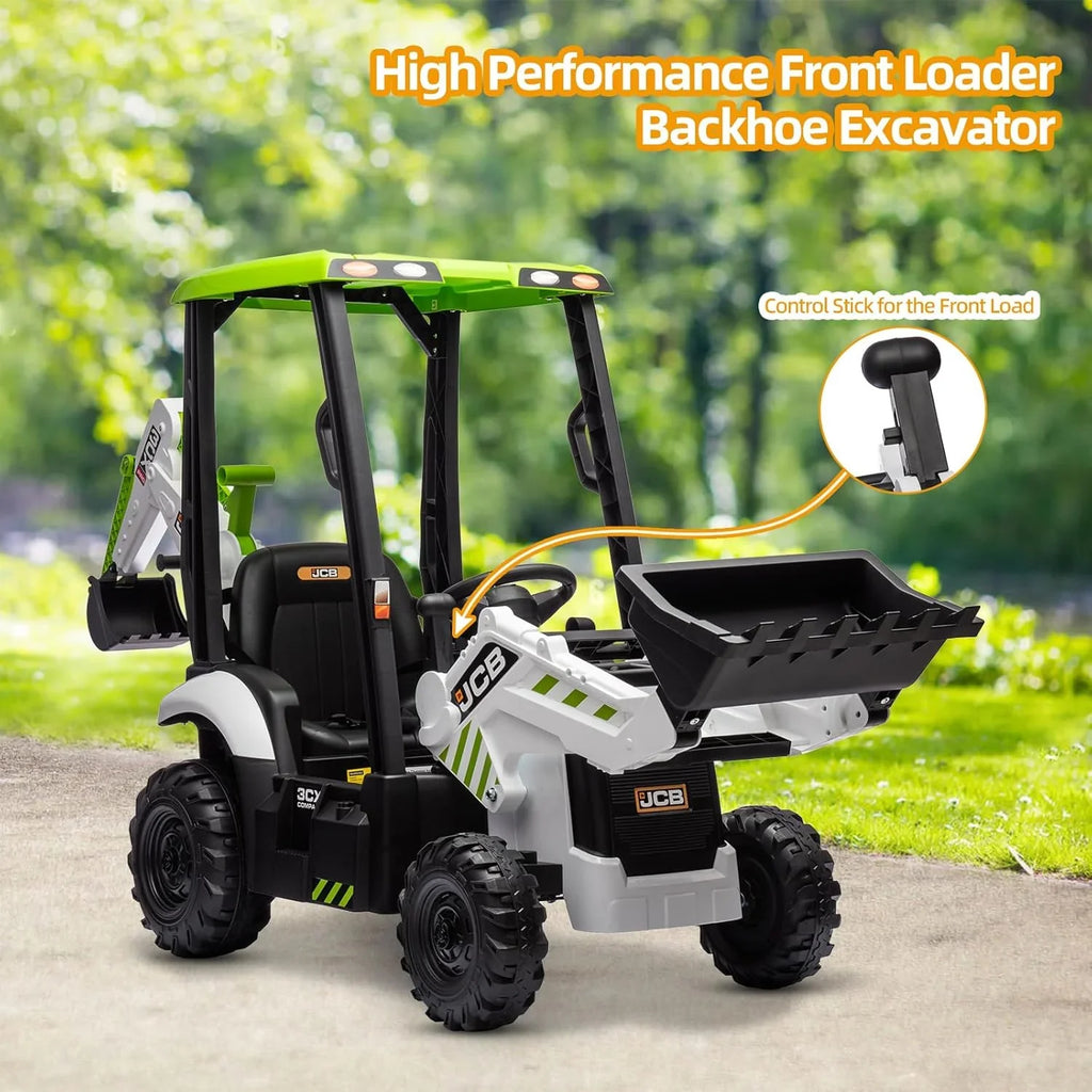 Pelleteuse autoportée JCB 12 V, jouet pour enfants de 4 à 8 ans, véhicule électrique pour enfants avec tracteur, bulldozer, bras de creusement et pelle rétrocaveuse.