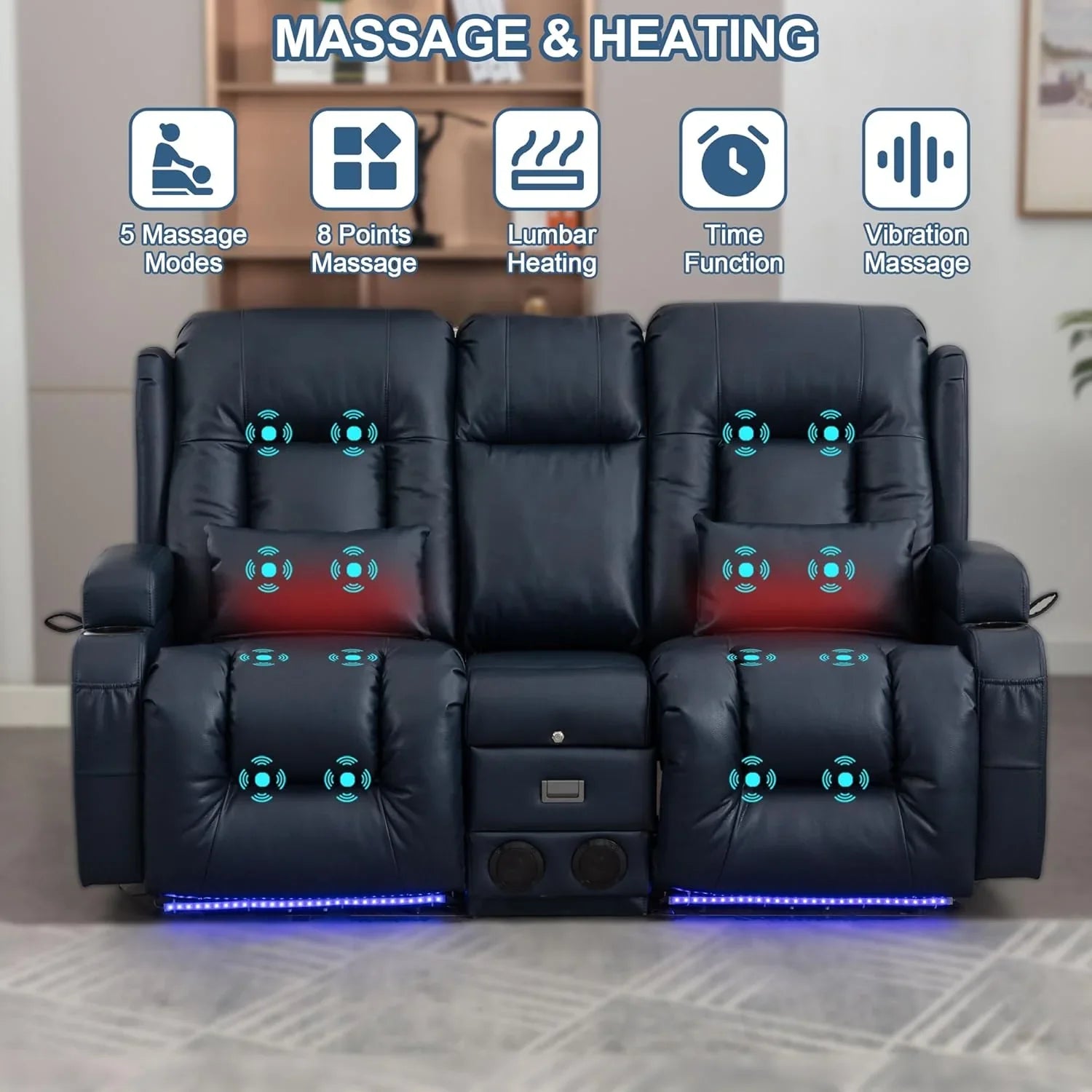 Canapé inclinable électrique TUNYI avec fonctions massage et chauffage, siège home cinéma avec console, canapé inclinable électrique pour camping-car