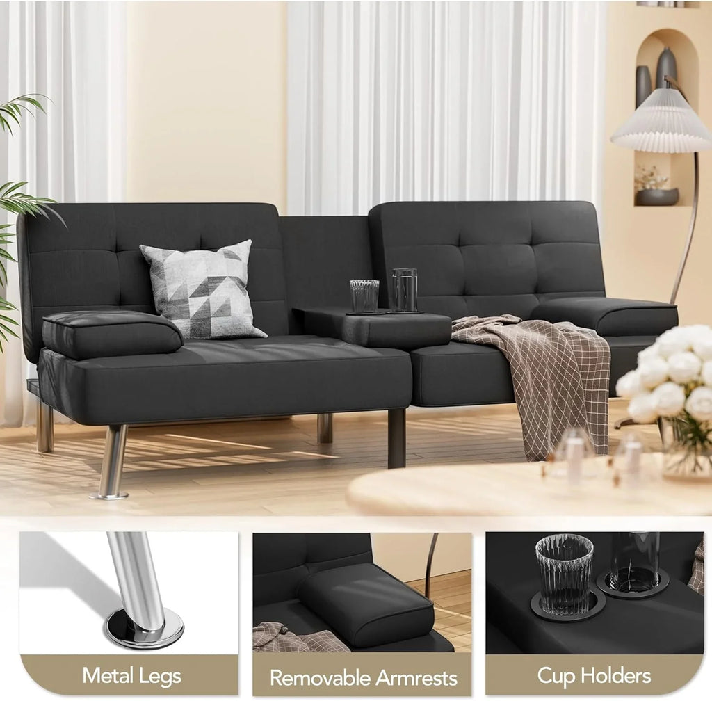 Canapé-lit futon convertible et pliable en lin moderne Shahoo avec accoudoirs amovibles, pieds en métal et 2 porte-gobelets pour le salon
