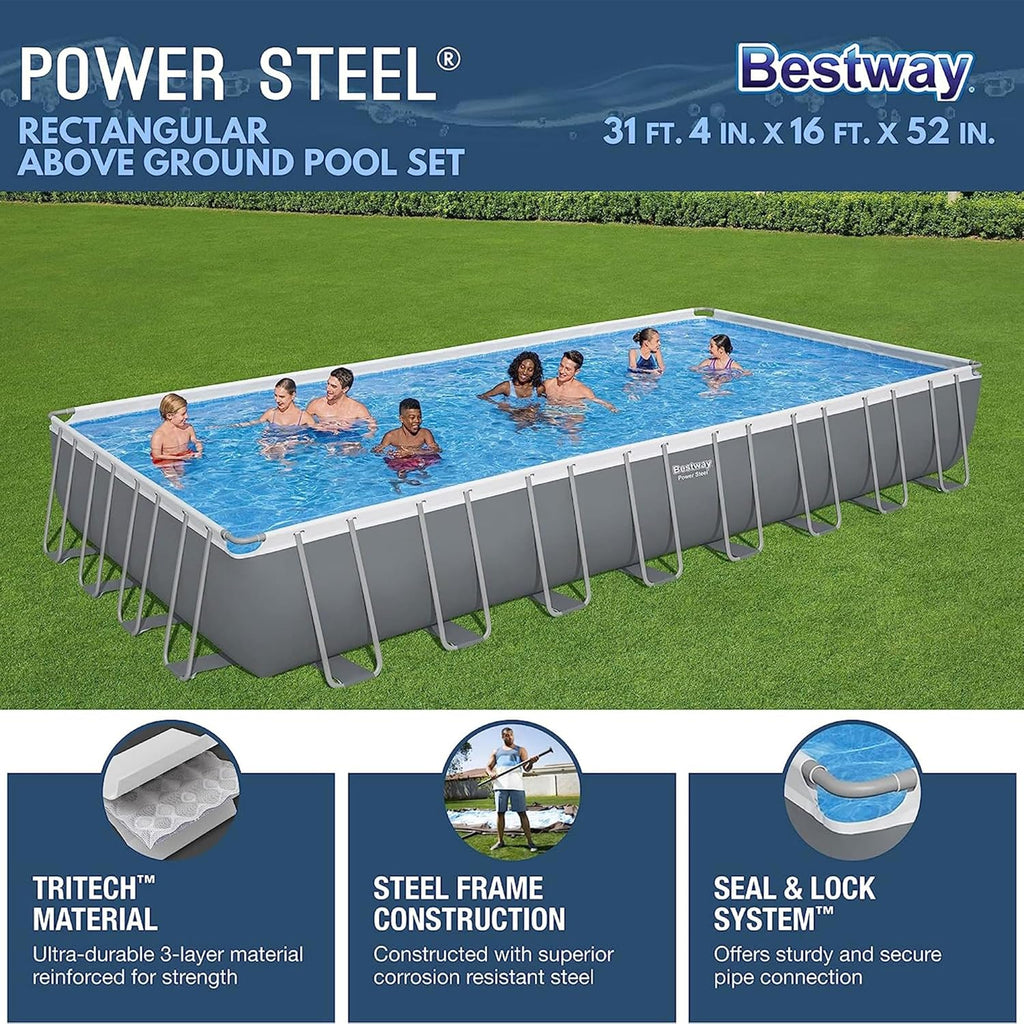 Piscine hors sol ovale Power Steel 4,3 m x 2,4 m x 100 cm | Comprend une pompe de filtration de 2070 litres, une échelle et un distributeur ChemConnect.
