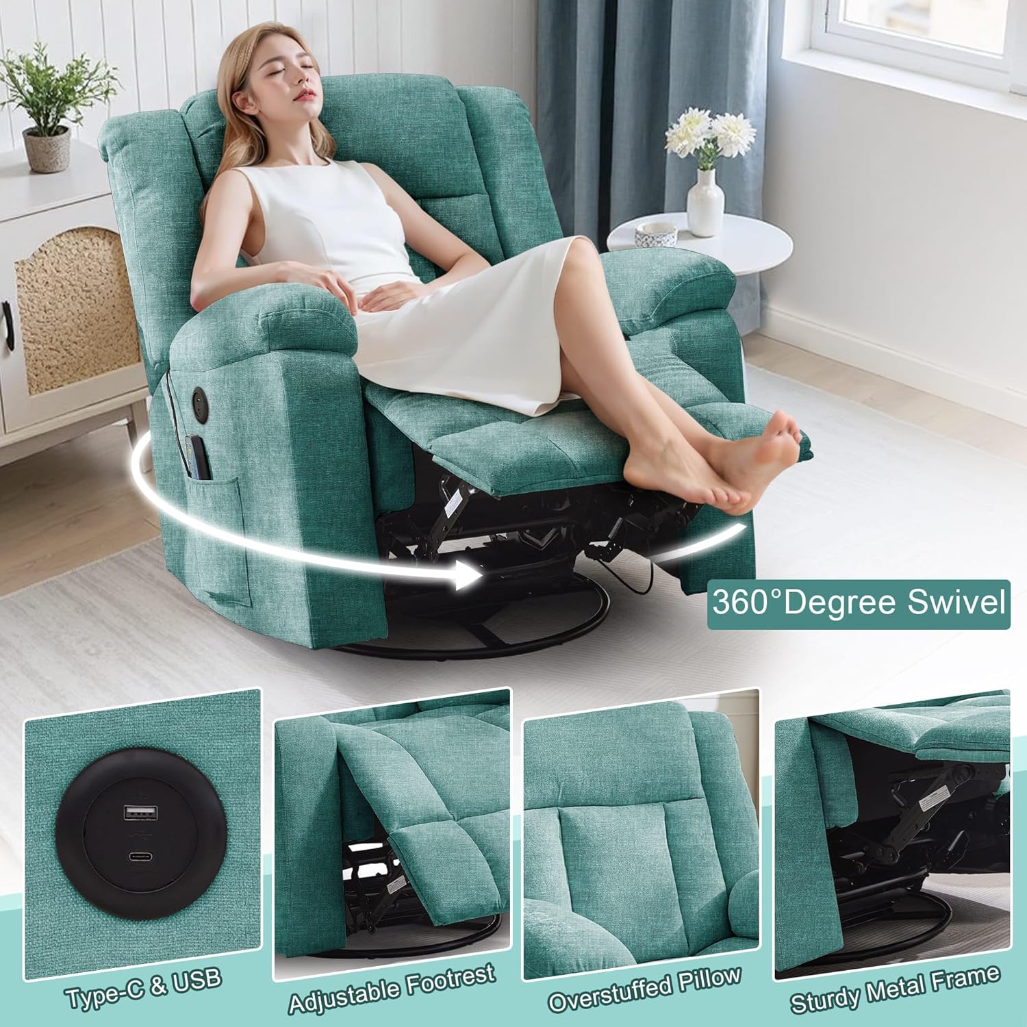 Fauteuil à bascule pour adulte, fauteuil inclinable coulissant, fauteuil à bascule rotatif à 360° avec fonction massage et chauffage