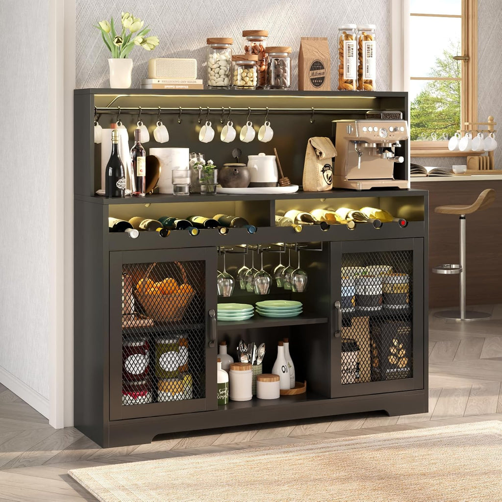 Bar à vin avec éclairage LED, meuble à liqueur avec porte-verres, bar à café pour liqueurs, buffet de rangement avec casiers à vin, armoire à vin
