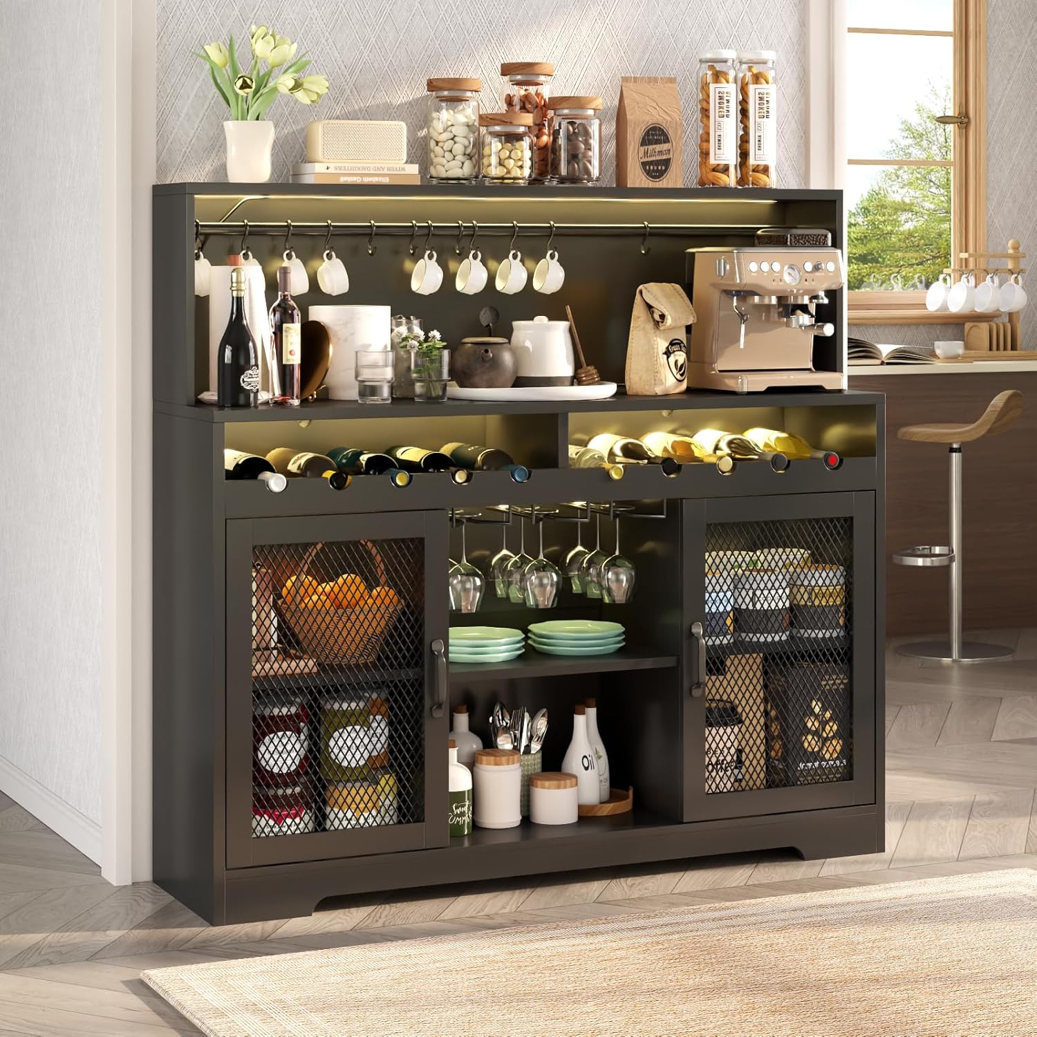 Bar à vin avec éclairage LED, meuble à liqueur avec porte-verres, bar à café pour liqueurs, buffet de rangement avec casiers à vin, armoire à vin