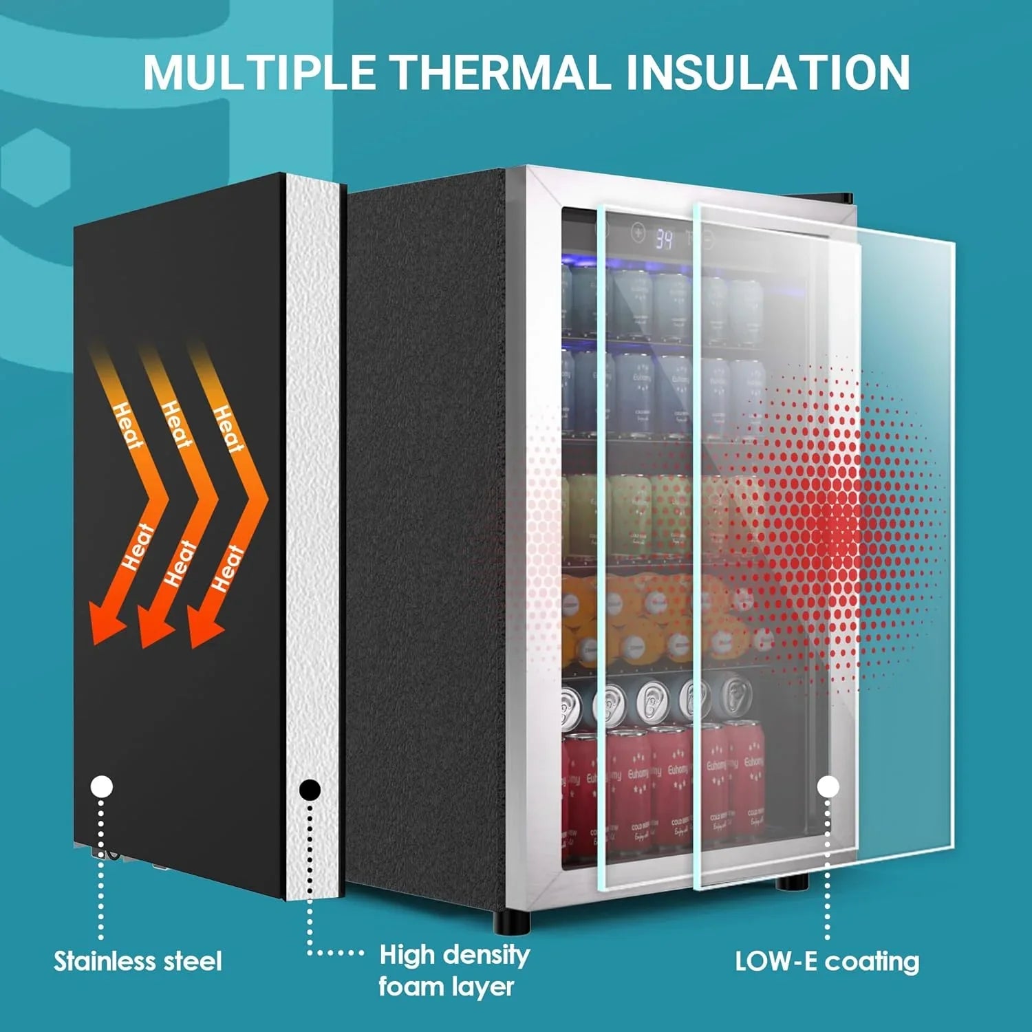 Réfrigérateur à boissons EUHOMY, mini-réfrigérateur 130 canettes avec porte vitrée pour soda, bière ou vin, refroidisseur de boissons pour la maison et le bureau