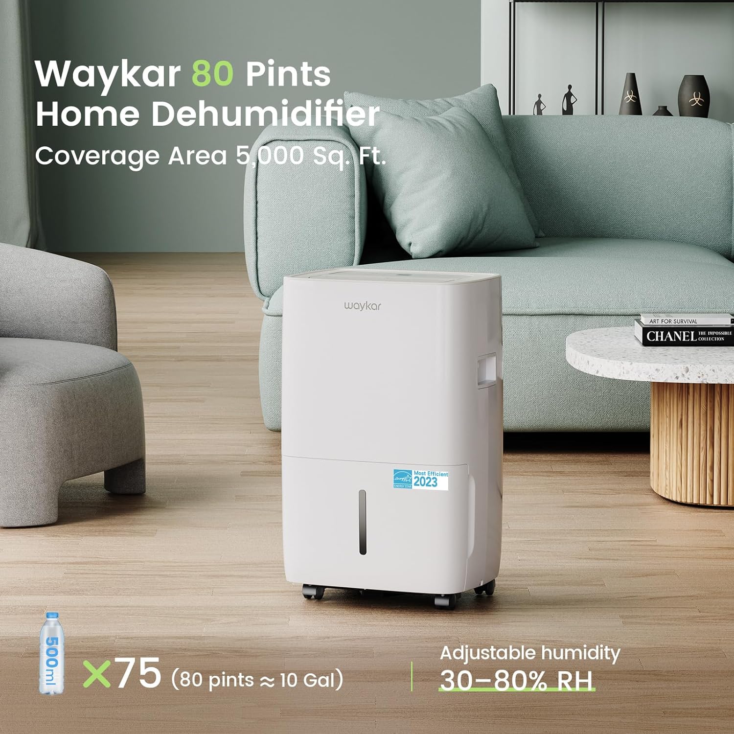 Déshumidificateur Waykar de 2 000 pi² pour la maison et les sous-sols, avec drainage automatique ou manuel, réservoir d'eau de 0,66 gallon