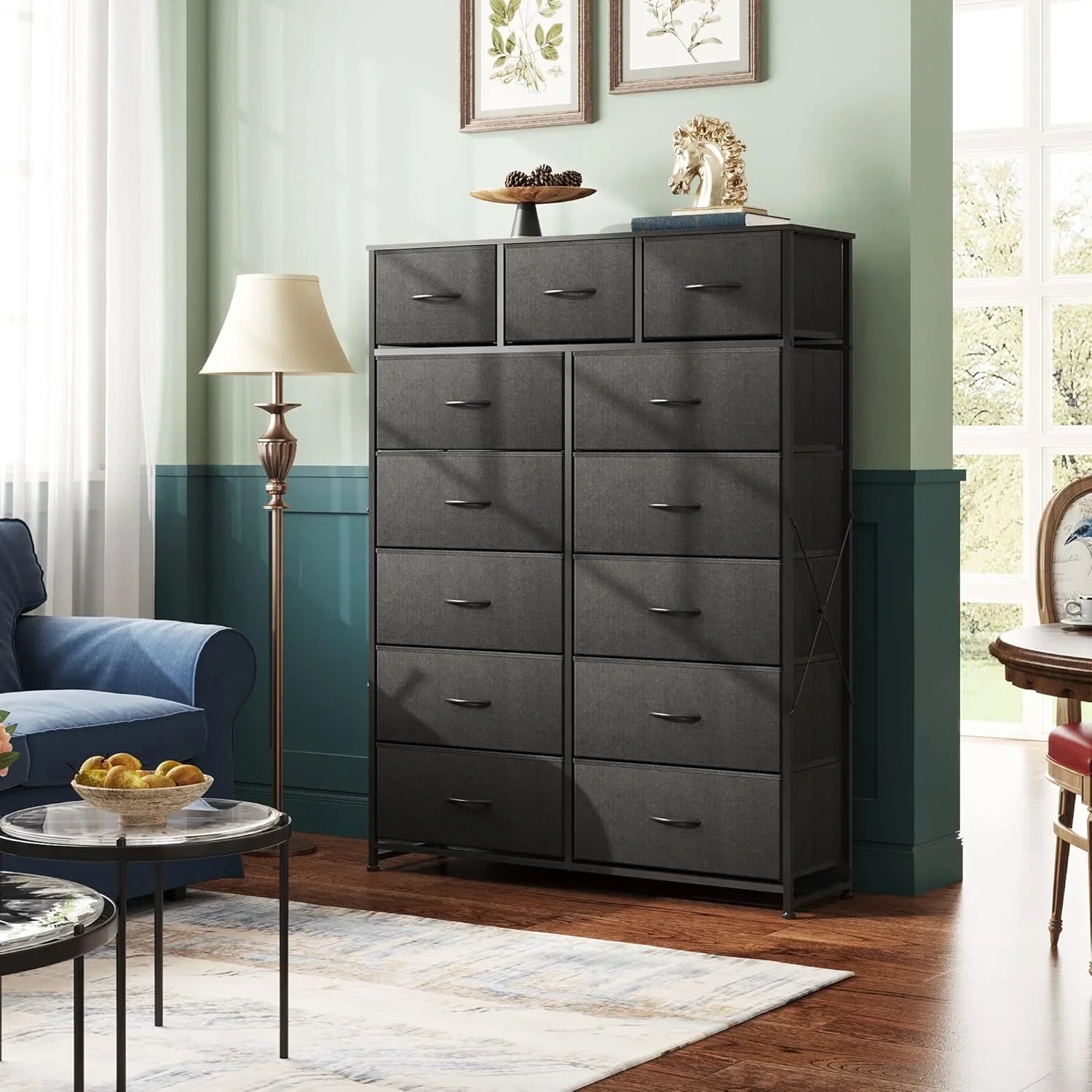 Meuble de rangement WLIVE avec 13 bacs en tissu, tiroirs de rangement avec cadre en acier, grande tour de rangement pour salon, couloir, bureau, noir anthracite