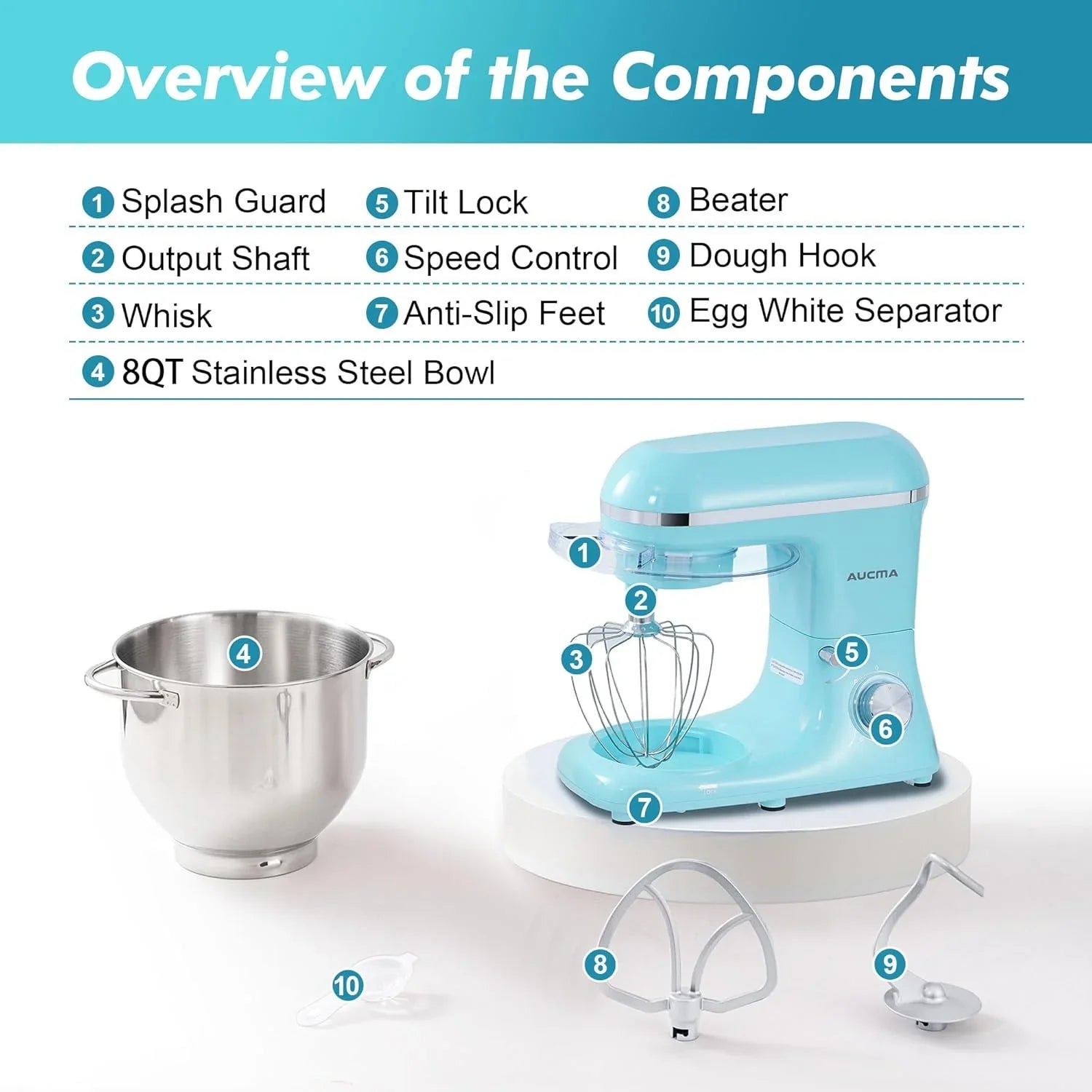 Batteur sur socle Aucma, 6,5 pintes, 660 W, 6 vitesses, tête inclinable, batteur électrique de cuisine avec crochet pétrisseur