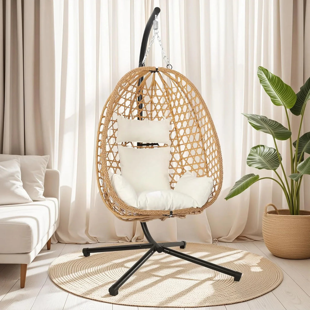Fauteuil suspendu en osier avec support, balancelle pour patio, capacité de charge de 158 kg.