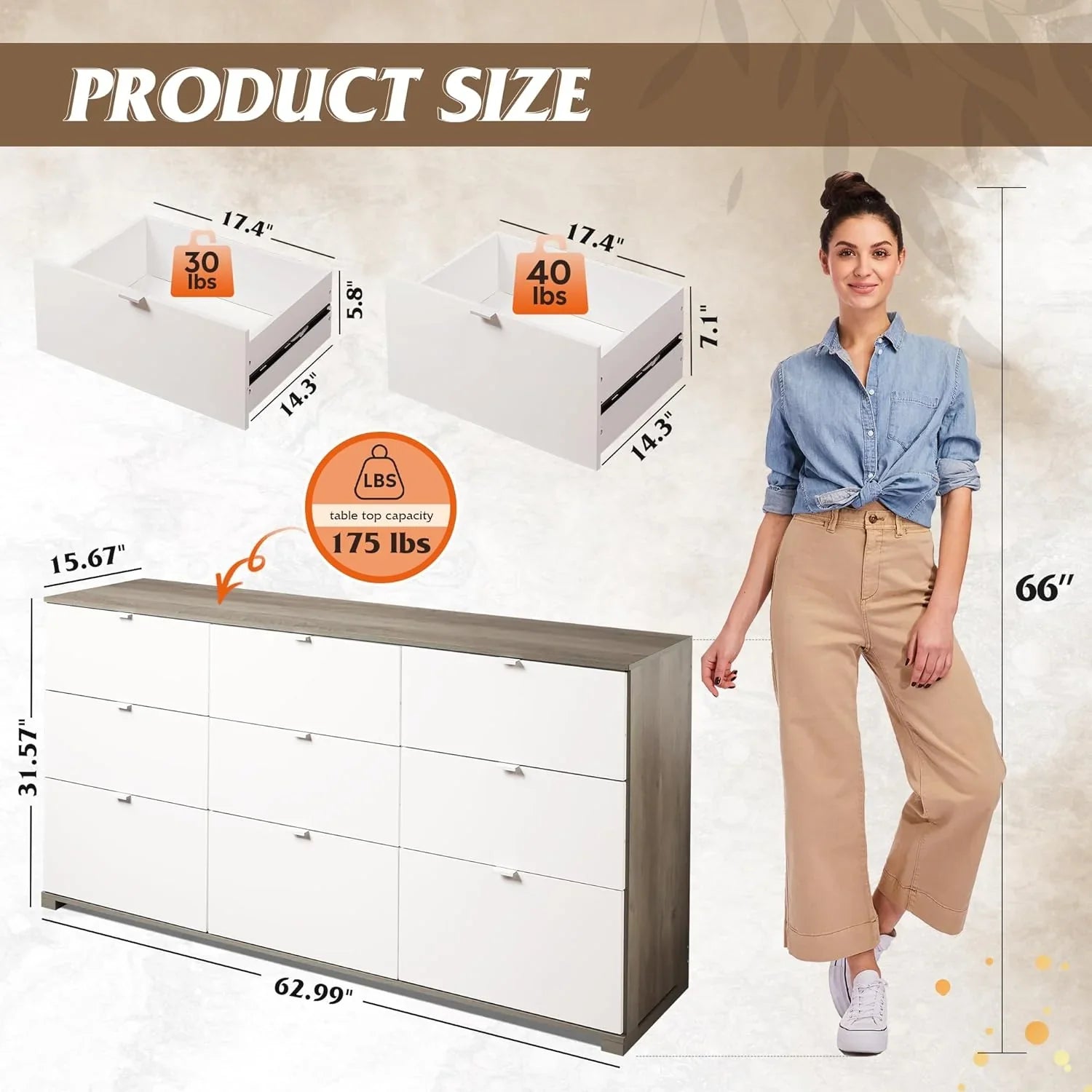 Commode LED à 9 tiroirs pour chambre à coucher, 148 cm de large, organiseur de rangement en bois avec prise électrique