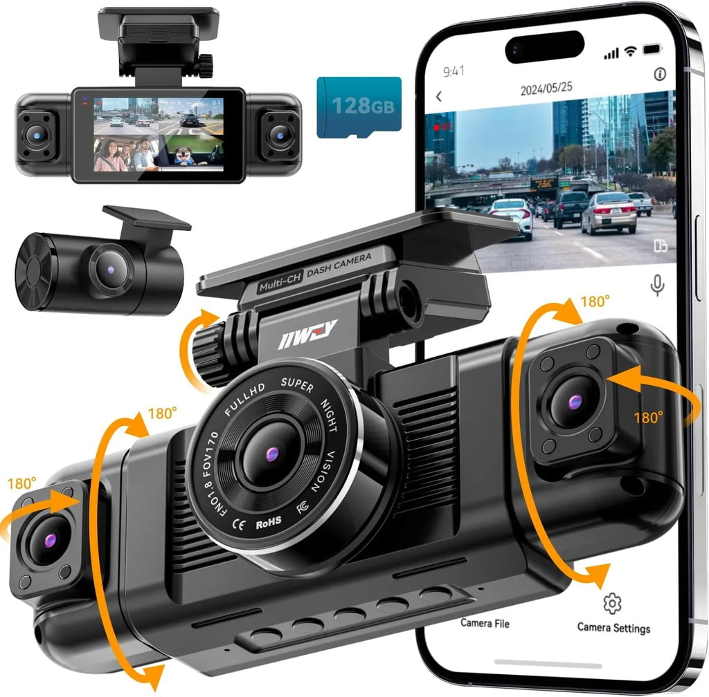 Channel Dashcam met 360° beeld, 1080p resolutie, 8 infraroodlampen voor nachtzicht, 5G wifi en app-bediening, accelerometer, parkeermodus en een gratis 128GB SD-kaart. 