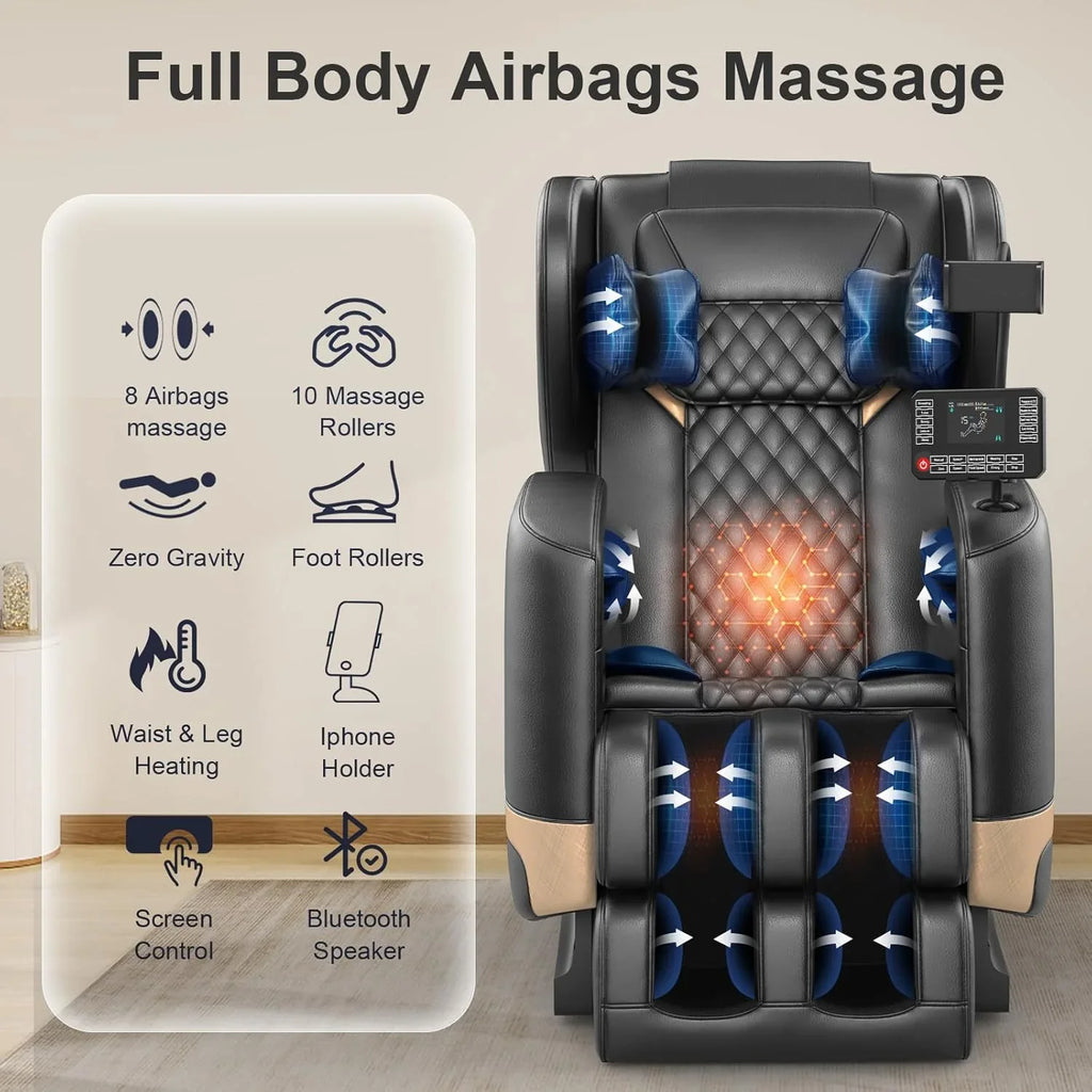 Fauteuil de massage complet 2025, massage zéro gravité, avec 10 rouleaux fixes, chauffant, massage des pieds