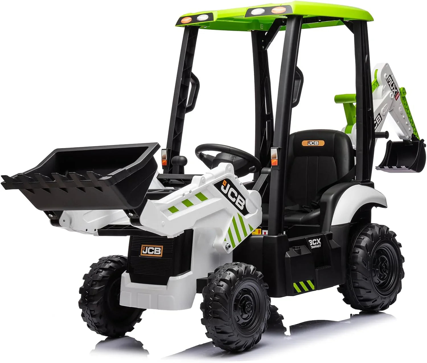 Pelleteuse autoportée JCB 12 V, jouet pour enfants de 4 à 8 ans, véhicule électrique pour enfants avec tracteur, bulldozer, bras de creusement et pelle rétrocaveuse.