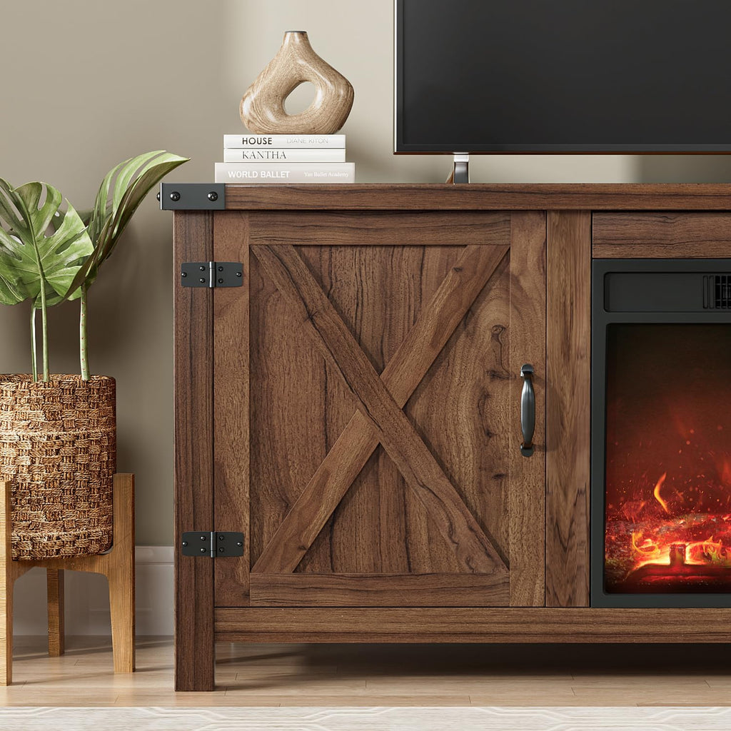 YESHOMY Meuble TV avec cheminée et deux portes de grange, armoires de rangement pour téléviseurs jusqu'à 65 pouces et plus, console de divertissement, meuble multimédia pour salon, 58 pouces