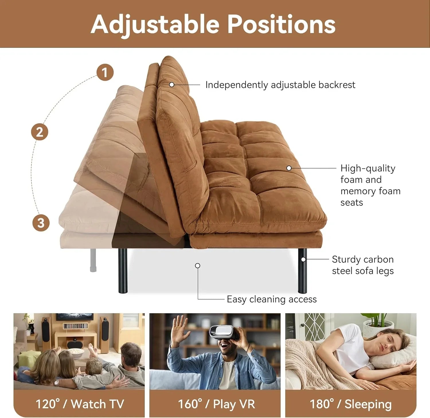 Canapé-lit futon en mousse à mémoire de forme marron, canapé-lit convertible, canapé-lit moderne