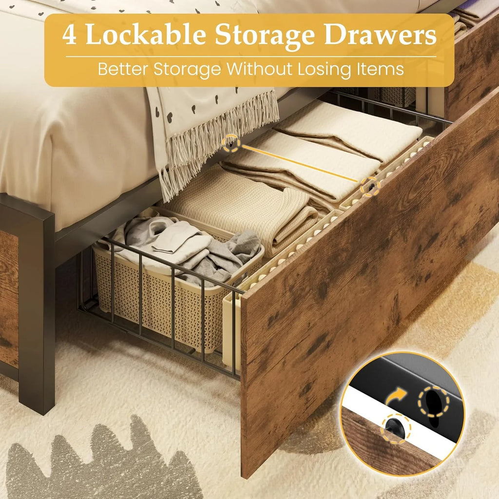 Cadre de lit Queen Lifezone avec tête de lit double et plateau de rangement en métal