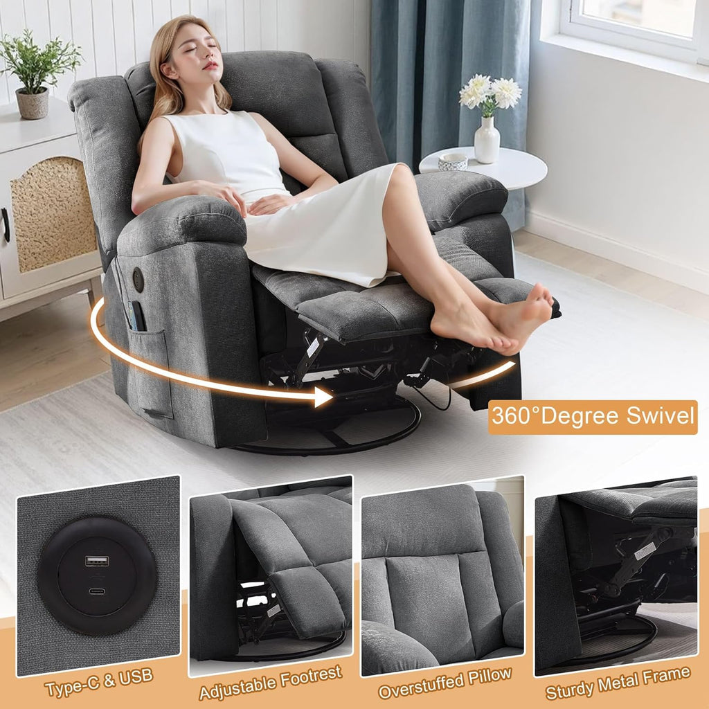 Fauteuil à bascule pour adulte, fauteuil inclinable coulissant, fauteuil à bascule rotatif à 360° avec fonction massage et chauffage