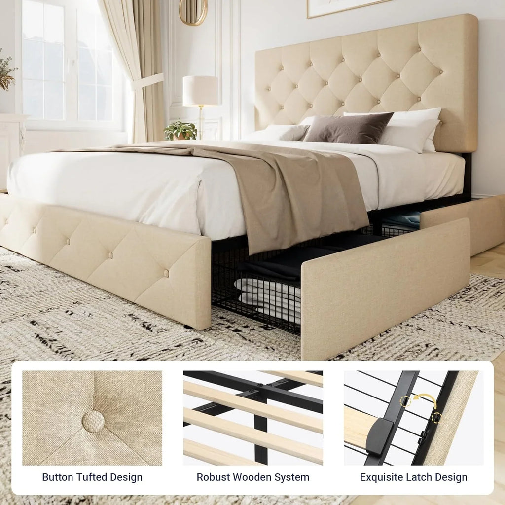 Cadre de lit plateforme Allewie rembourré Queen Size avec 4 tiroirs de rangement et tête de lit, capitonné à boutons à coutures carrées, sommier à lattes en bois, pas besoin de sommier.