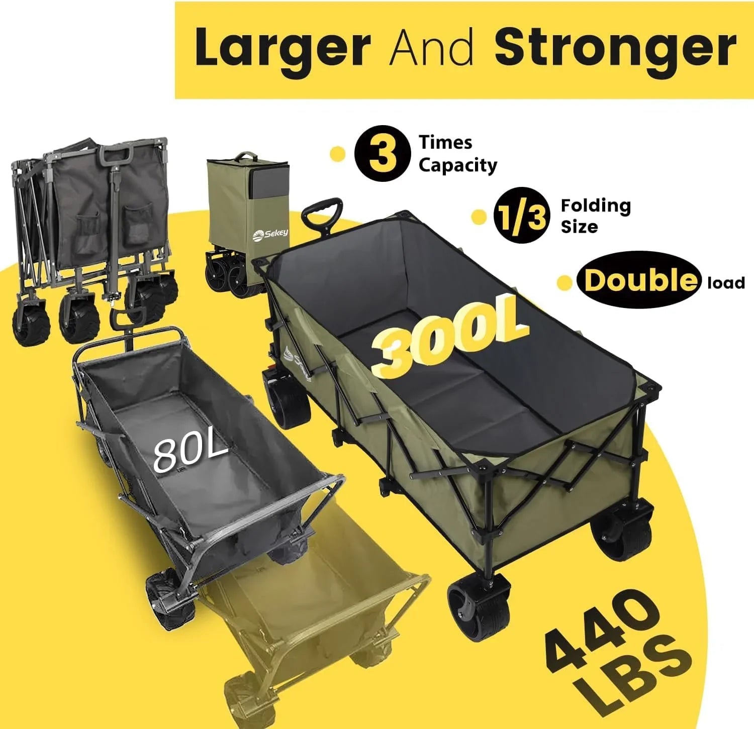 Chariot de voyage pliable Sekey de 122 cm de long, capacité de charge de 200 kg, chariot de jardin polyvalent et robuste de 300 litres.