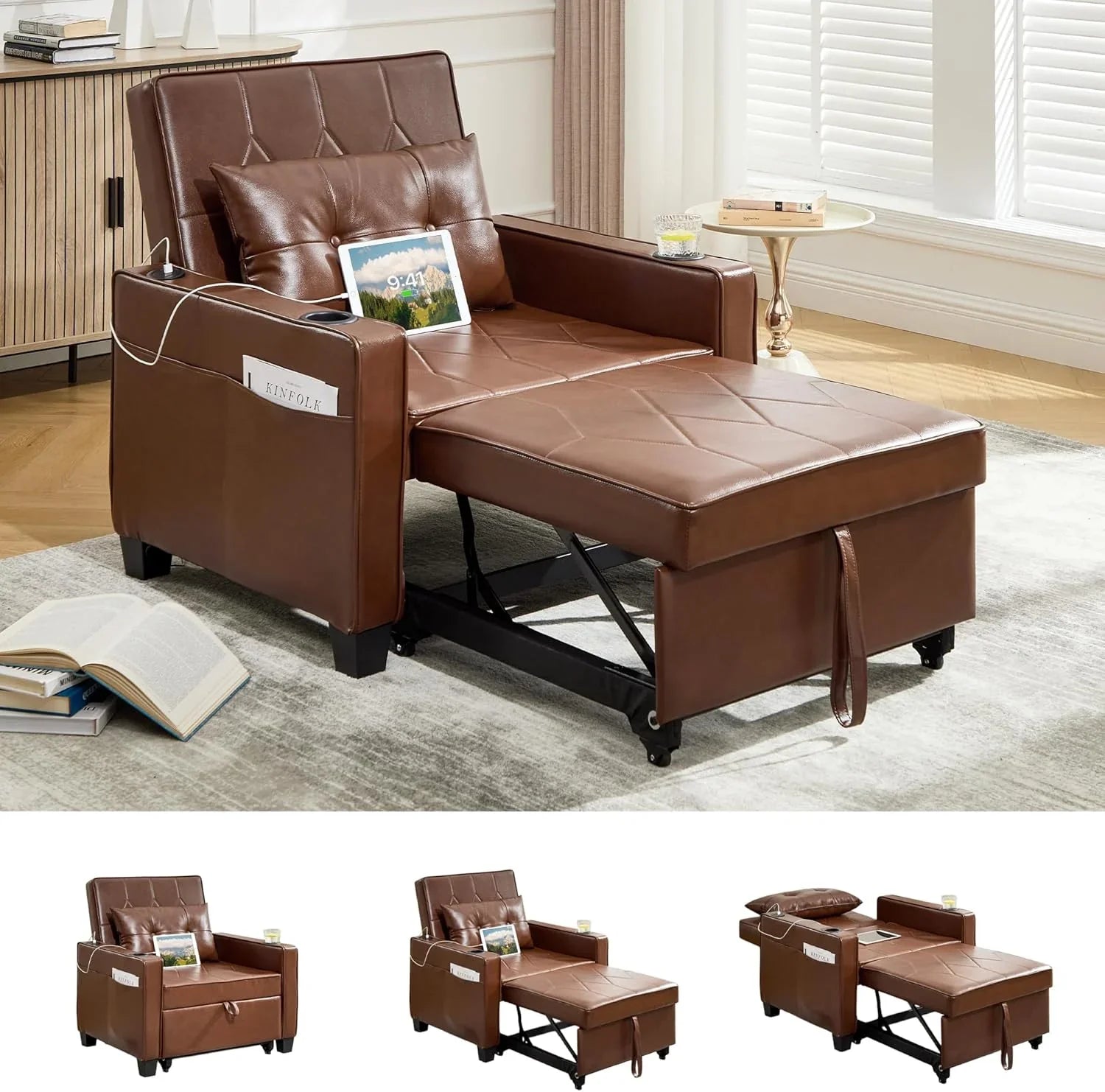 Fauteuil convertible pour adulte, canapé-lit gigogne 3 en 1 avec ports USB/Type-C, porte-gobelets, poches latérales, canapé simple