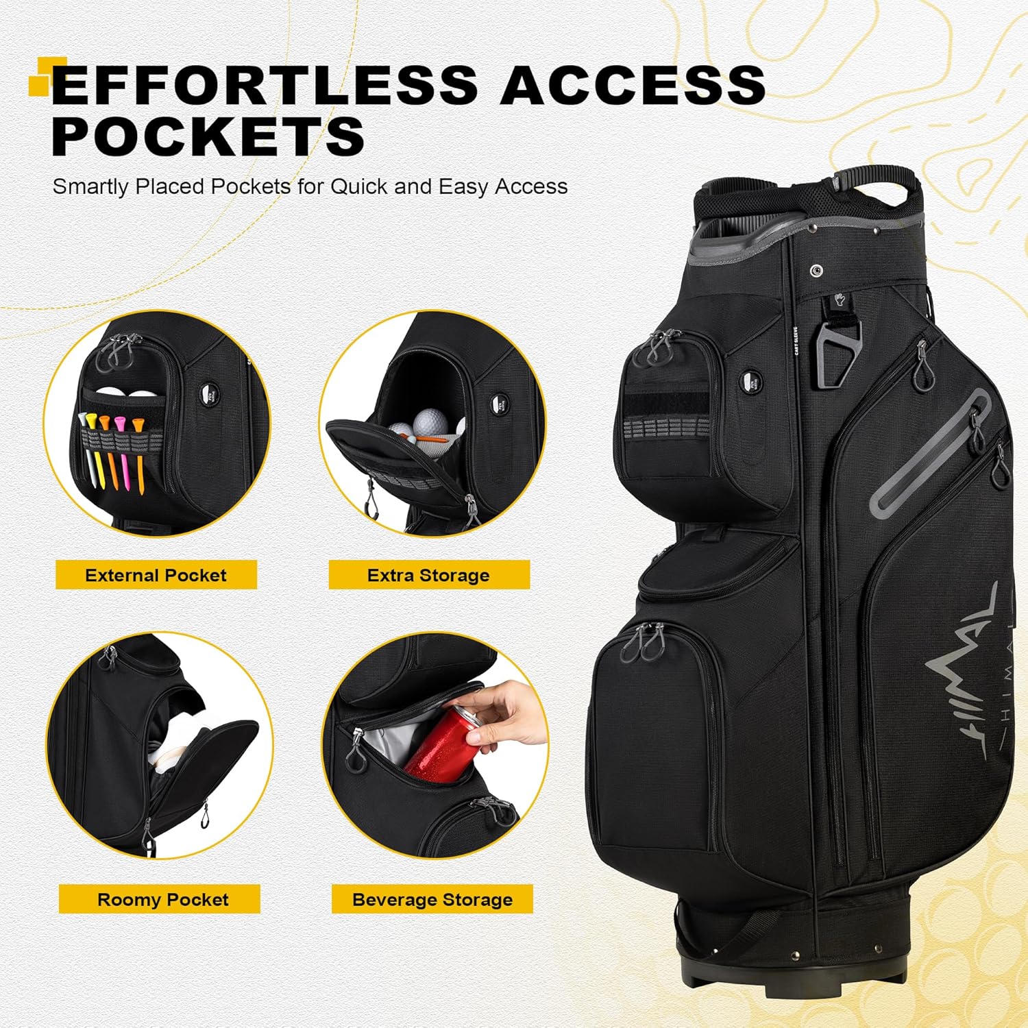 Sac de chariot de golf, organiseur à 15 compartiments, compartiment supérieur avec poignées et housse de pluie