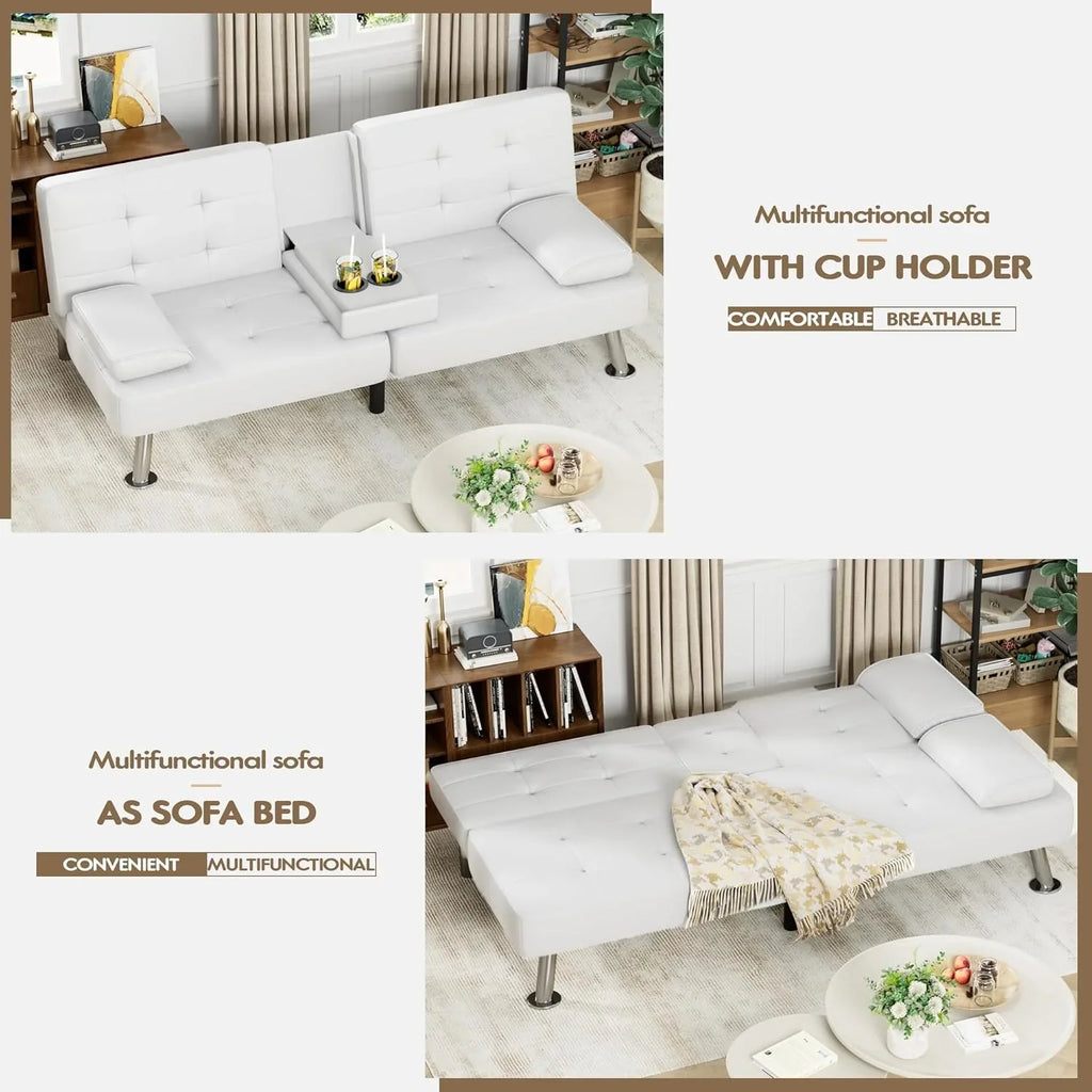 Canapé-lit futon Homall, canapé-lit futon en cuir avec accoudoirs amovibles, canapé-lit inclinable réglable avec deux porte-gobelets pour salon et appartement