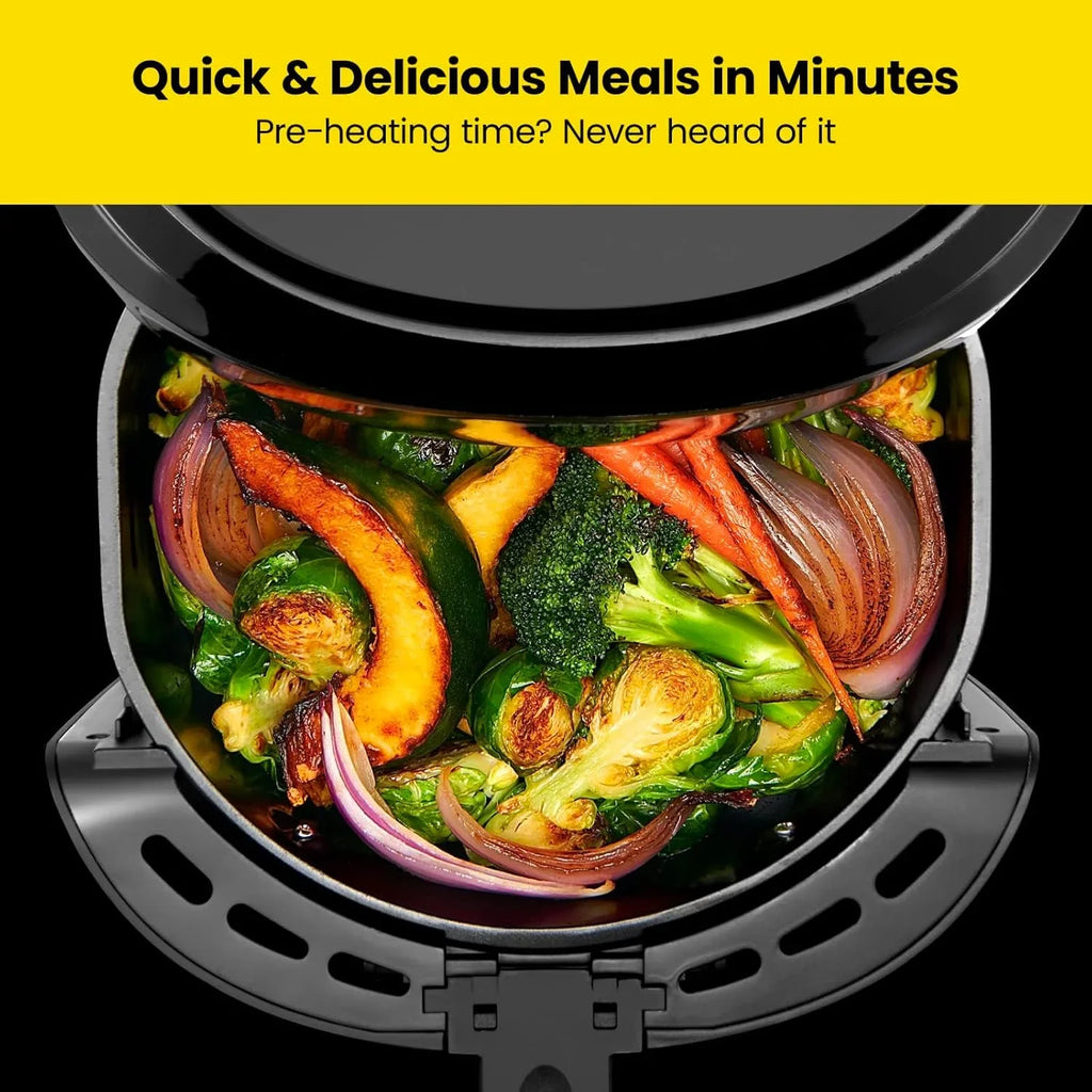 La friteuse à air à double panier Chefman de 6 pintes avec fenêtre Easy View utilise deux poêles antiadhésives séparées de 3 pintes.