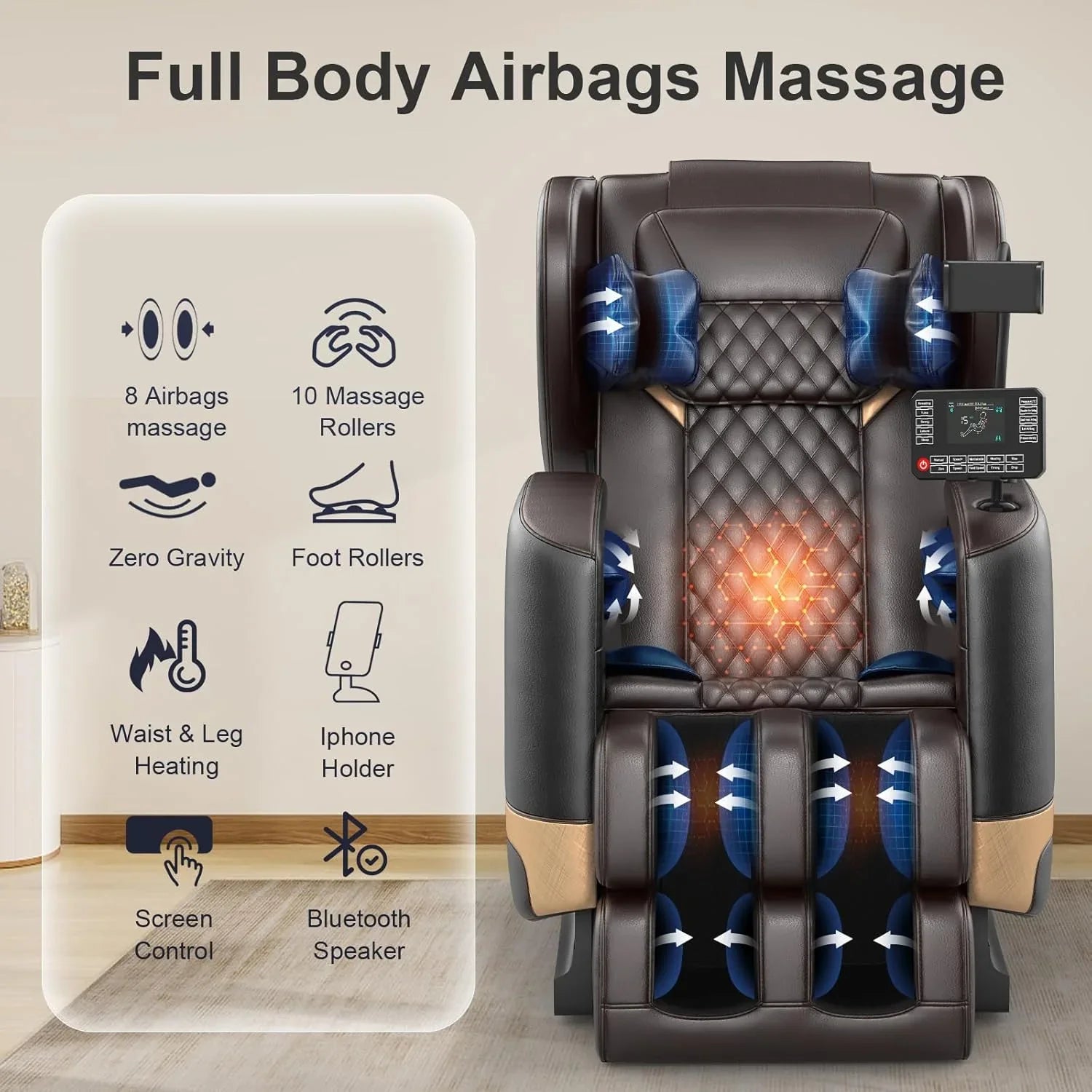 Fauteuil de massage complet 2025, massage zéro gravité, avec 10 rouleaux fixes, chauffant, massage des pieds