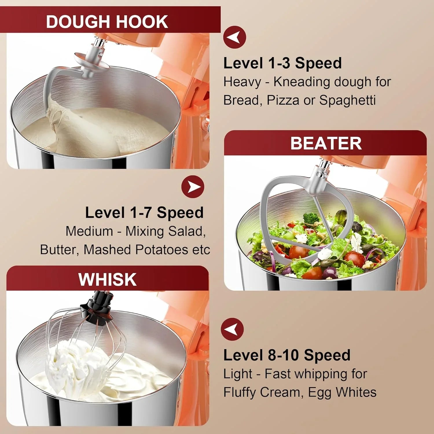 Batteur sur socle 10 vitesses avec protection anti-éclaboussures 8 en 1, tête inclinable, bol en acier inoxydable de 6 litres + crochet pétrisseur/fouet/mixeur/grattoir lavable au lave-vaisselle