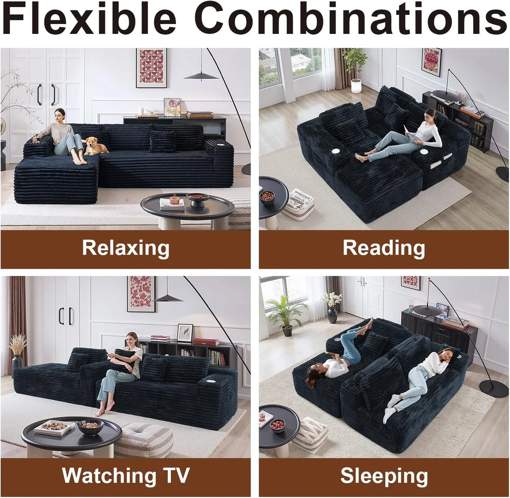 Cloud section sofa with L-shaped recliner, modern modular sofa, built-in cup holder