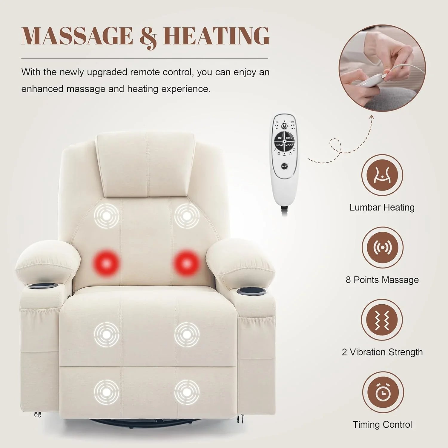 Grand fauteuil inclinable pivotant à bascule avec fonction chauffage et massage, canapé simple pivotant à 360 degrés