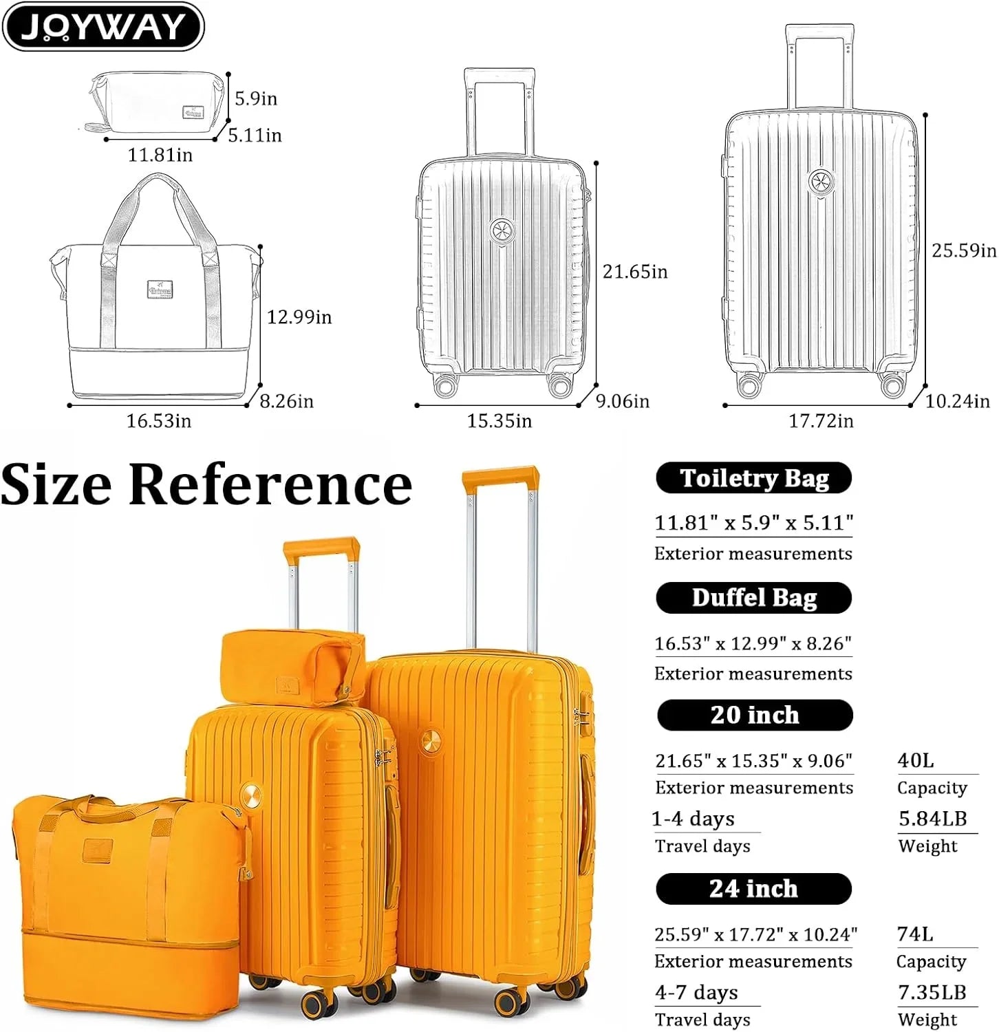 Ensemble de 5 valises de voyage légères à coque rigide en PP avec deux roulettes pivotantes et serrure TSA