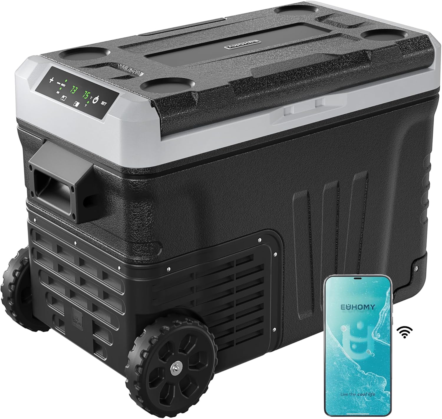 Réfrigérateur EUHOMY 12V, 53 qt (50 litres) Congélateur électrique Congélateur portable 12V Congélateur avec roulettes et 2 paniers