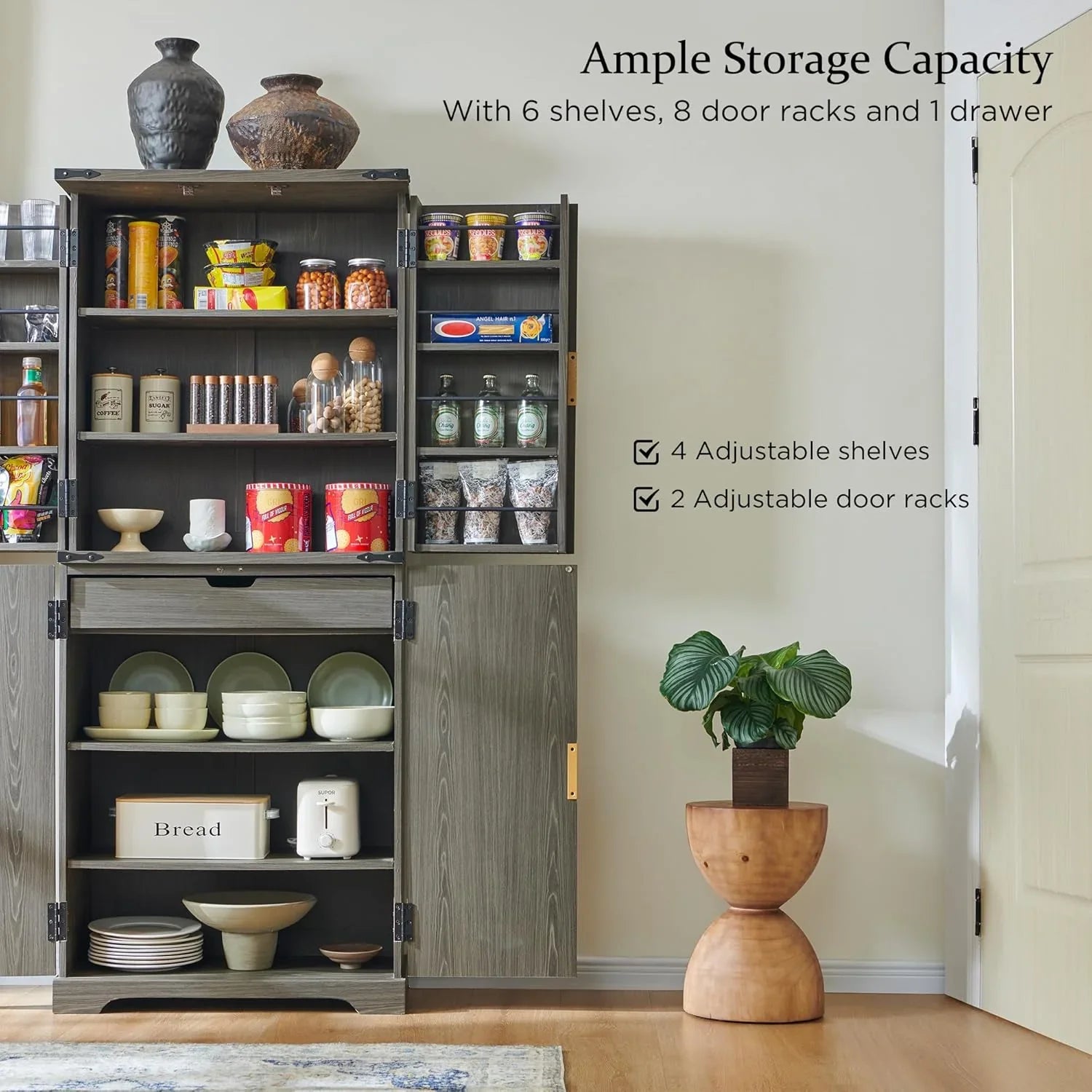 Armoire de rangement cannelée, 72 po de hauteur, moderne, avec 4 portes, organiseur, tiroir et étagères réglables, placard en bois