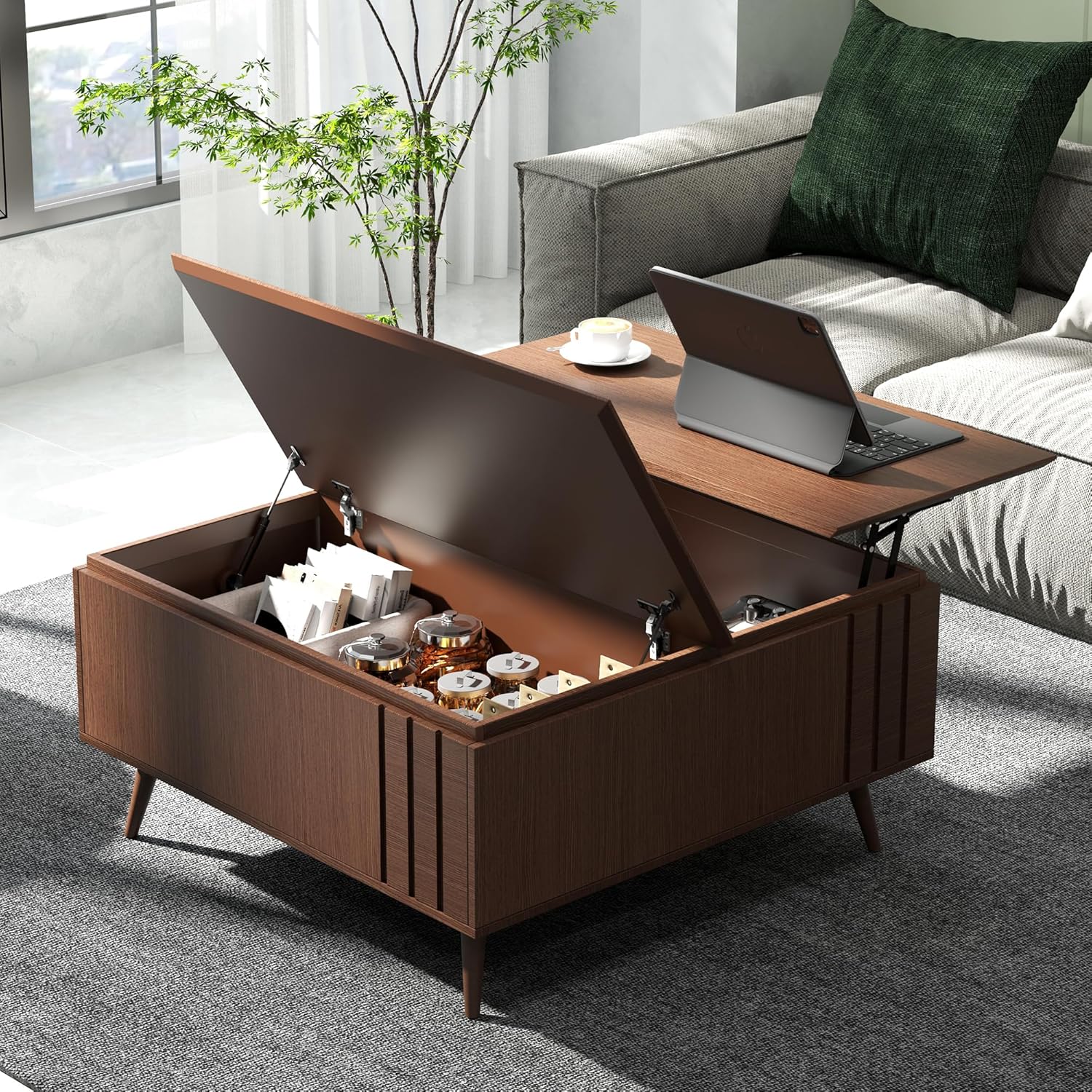 Table basse ronde avec rangement, table centrale encastrée avec portes coulissantes