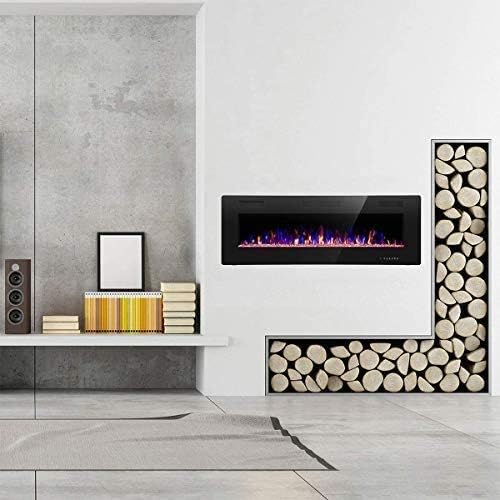 Cheminée électrique encastrée et murale R.W.FLAME 60 po, silencieuse, compatible avec les montants de 2 x 6 po, télécommande avec minuterie, écran tactile, couleur et vitesse de flamme réglables, 750-1500 W