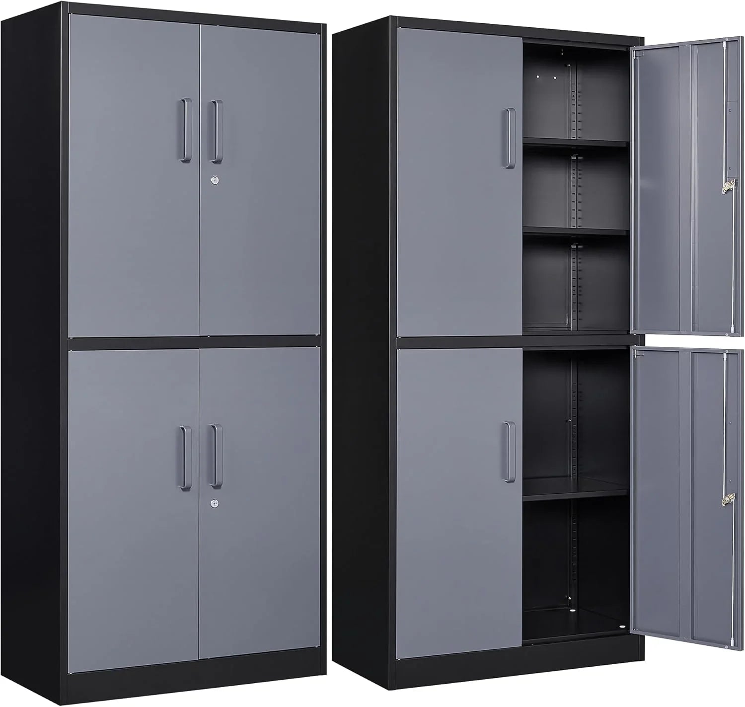 Armoire de rangement en métal avec 2 portes et 6 étagères, armoire en métal noir avec serrure, armoire de rangement verrouillable pour garage de 71 pouces