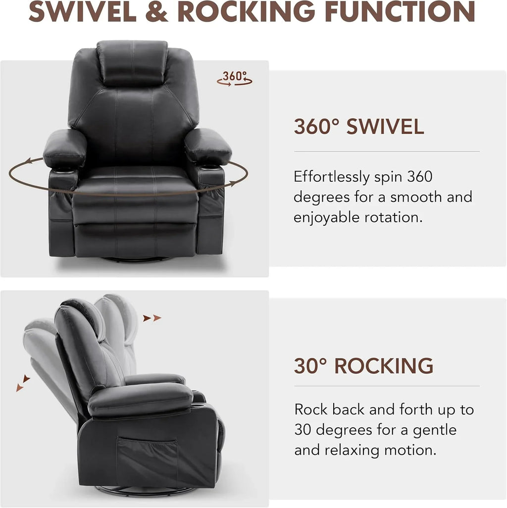 Grand fauteuil inclinable pivotant à bascule avec fonction chauffage et massage, canapé simple pivotant à 360 degrés