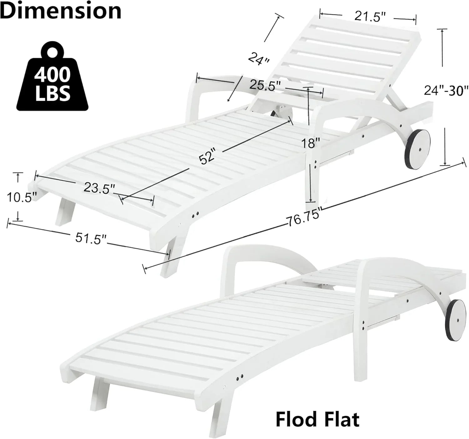Chaise longue de piscine réglable à 5 positions Chaise longue en bois avec table d'appoint coulissante