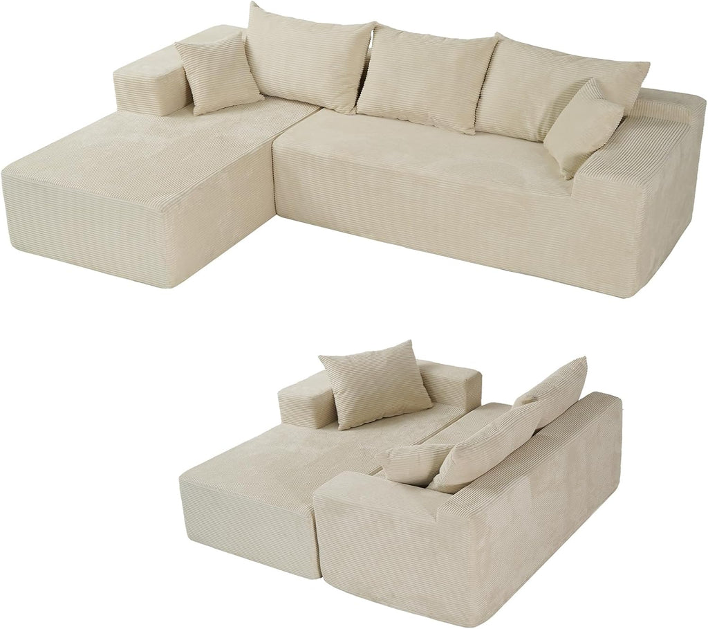 Cloud sofa with L-shaped lounge chair, modern modular sofa with deep seats
