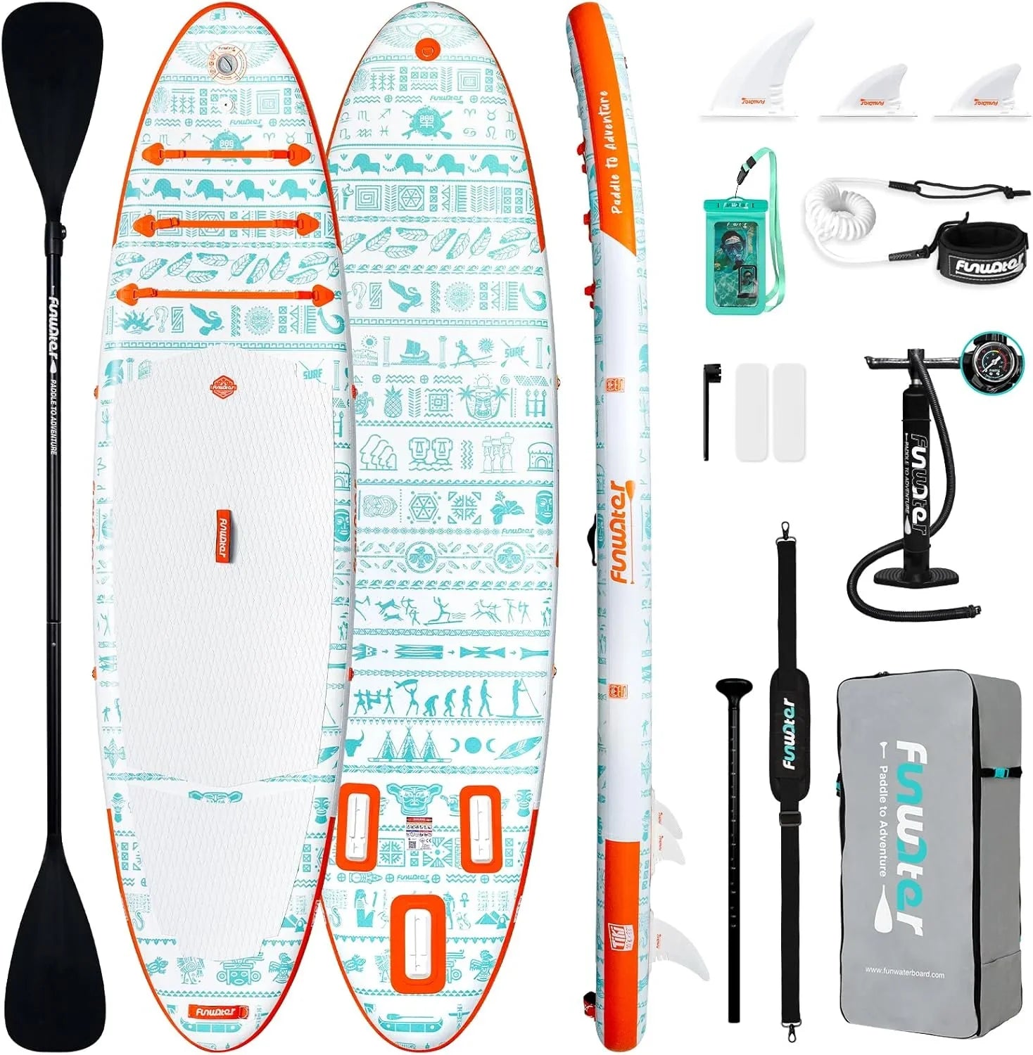 Planche de stand up paddle gonflable FunWater avec accessoires de pagaie SUP haut de gamme, pont EVA antidérapant, pagaie 11'/10'6'