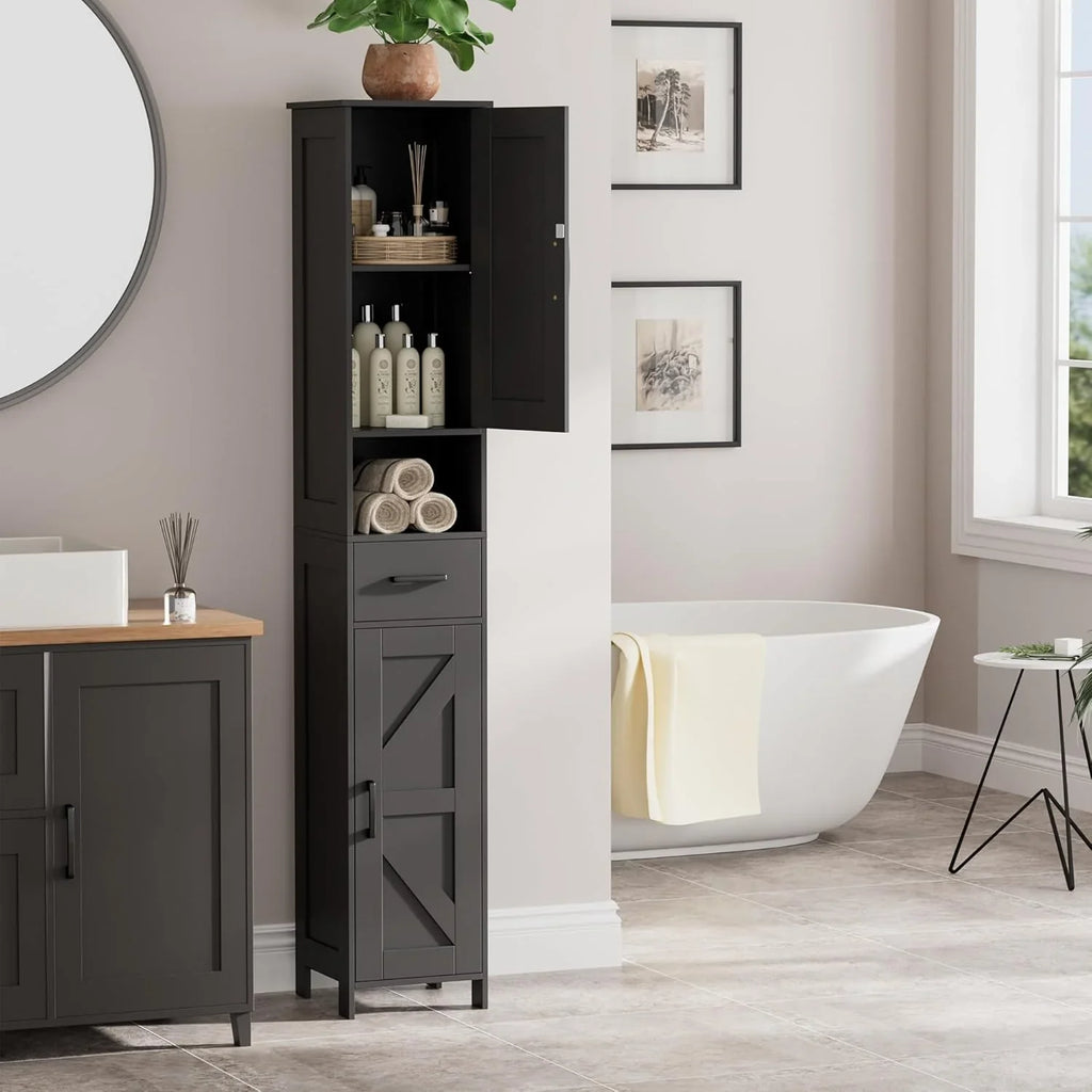 Meuble de rangement de salle de bain Homhedy de 67 po de hauteur avec 2 portes de grange et 1 tiroir